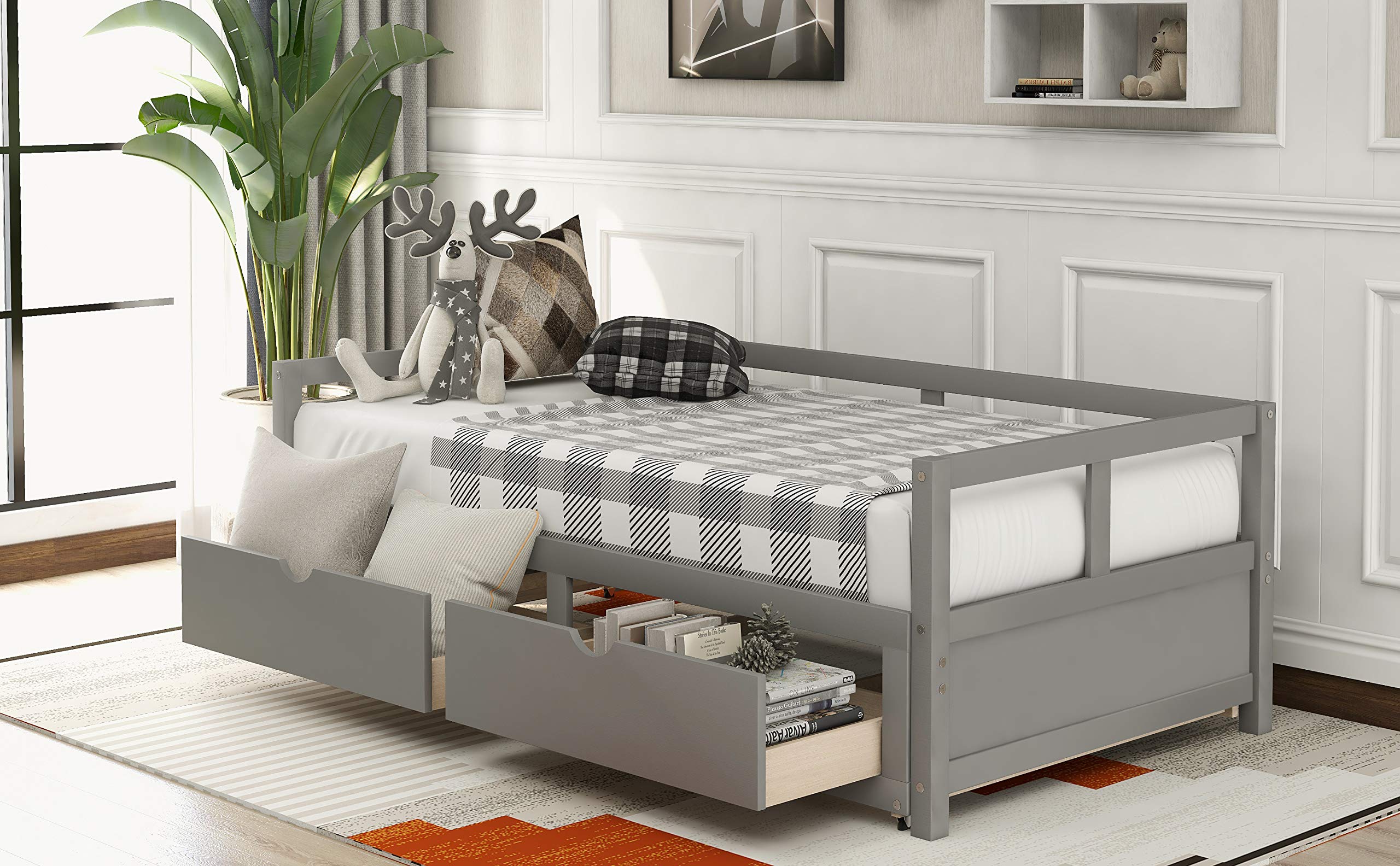 LZ LEISURE ZONE Twin Daybed with Trundle & 2 Storage Drawers - Convertible Wooden Sofa Bed for Guest Room, Small Space & Living Room - Space-Saving Extendable Bed in Grey - Perfect for Sleepovers, Home Office & Multi-Functional Furniture Needs