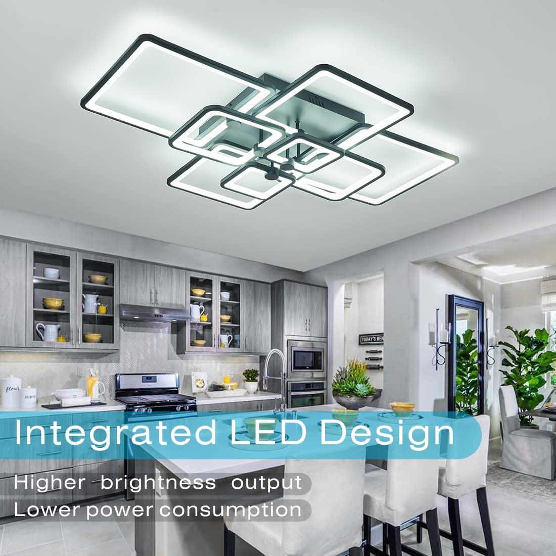 Modern 41.7in Dimmable LED Ceiling Light Fixture - 8 Square Black Flush Mount Light with Remote Control, 120W for Living Room, Bedroom & Dining Room | Energy-Efficient Home Lighting Solution