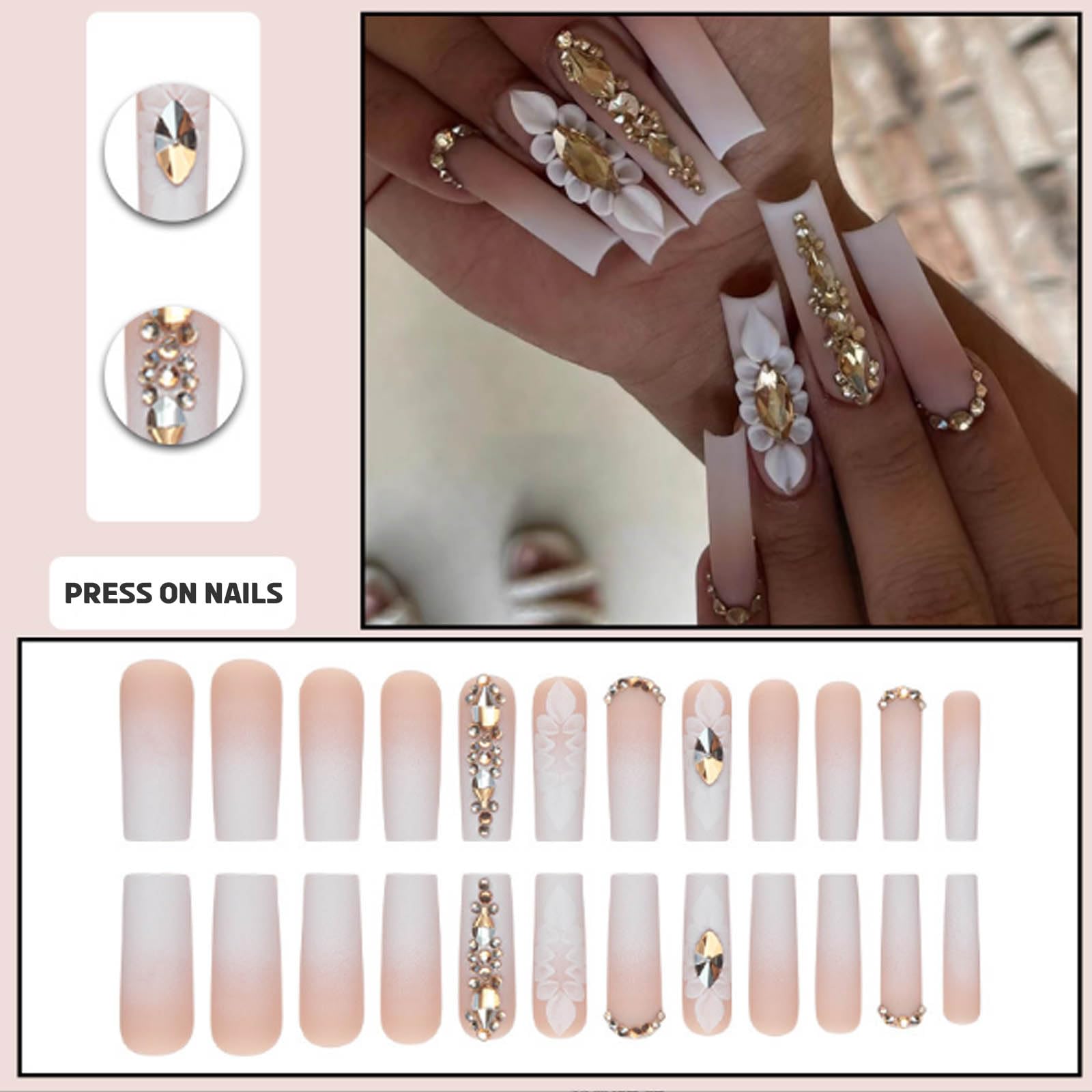 24PCS Gradient Press on Nails - Matte Fake Acrylic Long Nude Nails with Square Flower Design, Full Cover Artificial Nails for Women & Girls | Perfect for Parties, Weddings & Daily Wear