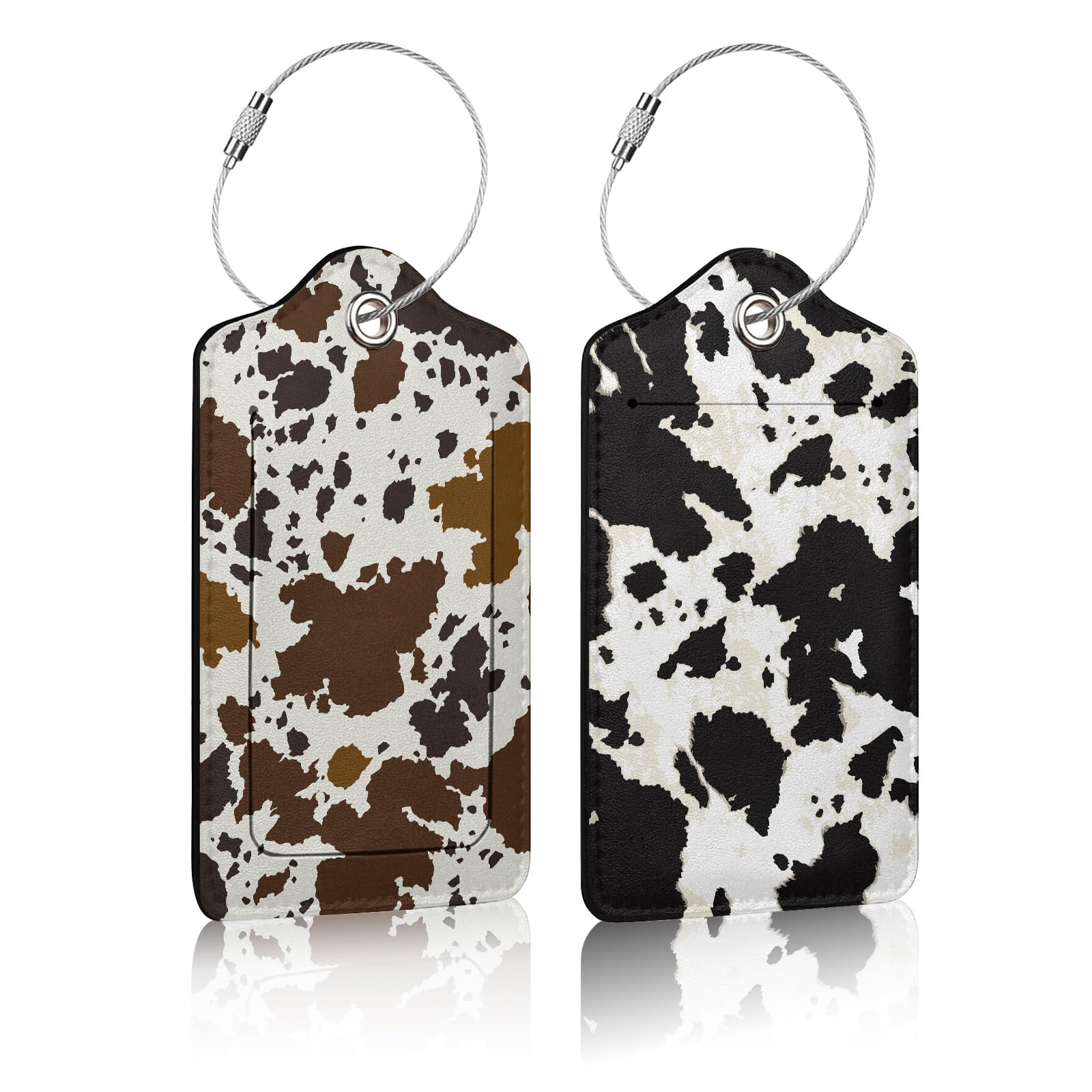 2 Pack Cowhide Print PU Leather Luggage Tags - Retro Cow Skin Design with Privacy Cover ID Label for Suitcases, Handbags & Backpacks | Durable Travel Accessories for Men, Women & Students | Perfect for Air Travel, Cruise Vacations & School Commutes
