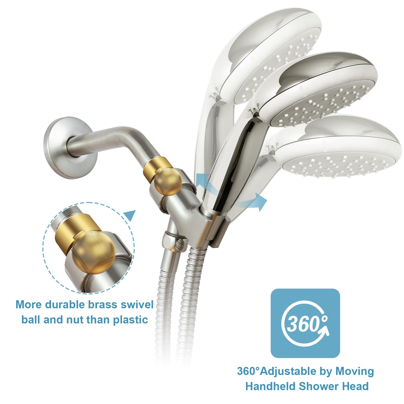 OFFO Solid Brass Shower Head Holder - Adjustable Brushed Nickel Shower Arm Mount for Handheld Shower Heads - 1/2 Inch IPS Female Inlet & Male Outlet - Perfect for Bathroom Renovation and Spa-Like Shower Experience