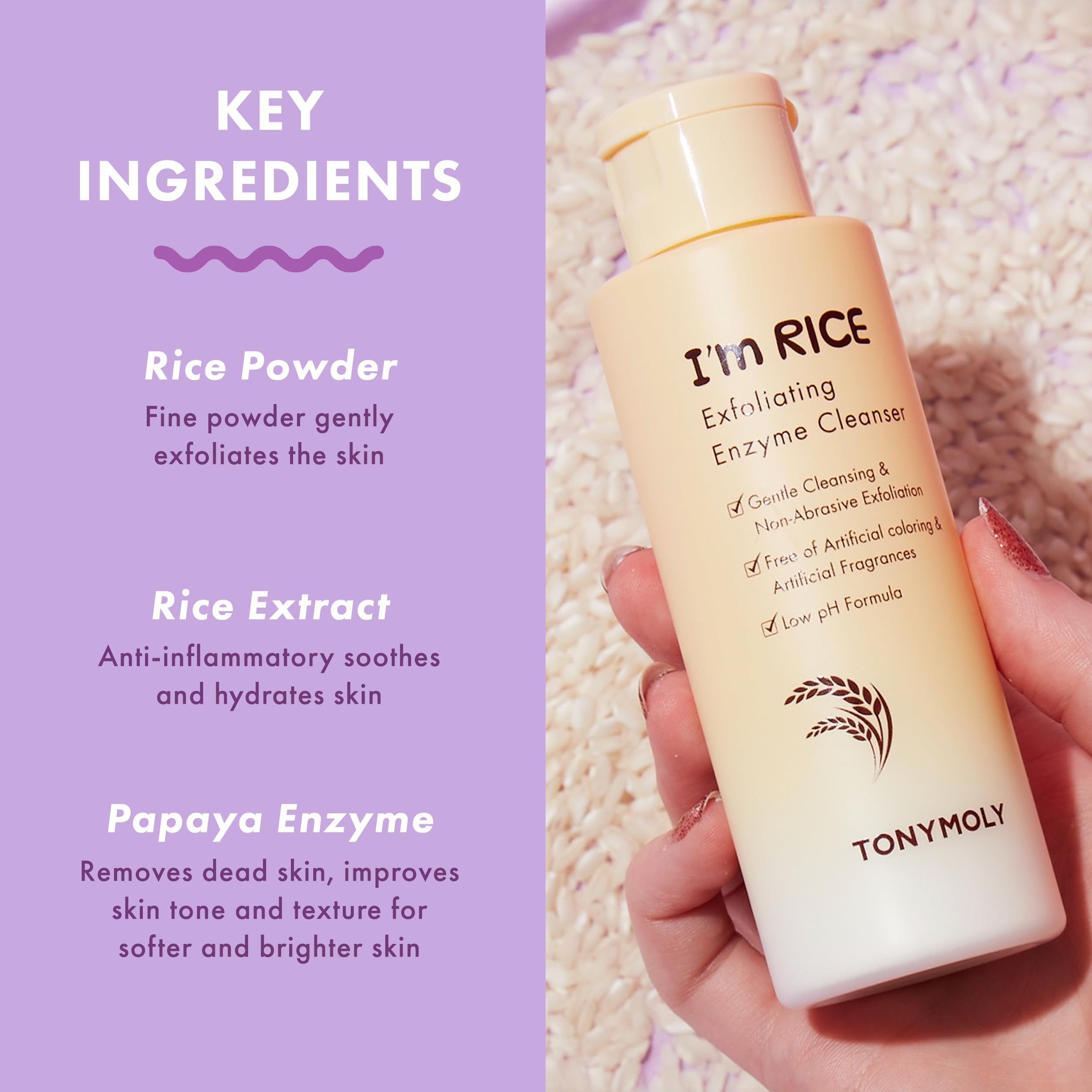 TONYMOLY I'm Rice Exfoliating Enzyme Face Cleanser - Gentle Rice Powder Wash for Smooth Skin, All-in-One Waterless Facial Scrub & Polish, 50g - Perfect for Daily Exfoliation & Brightening Skincare Routine