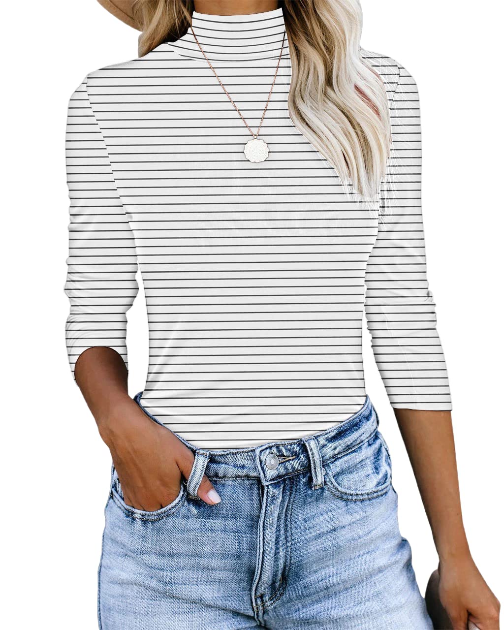 REVETRO Women's Casual Long Sleeve Mock Turtleneck Top - Slim Fit Basic Lightweight Plain T-Shirt for Everyday Wear, Work & Layering