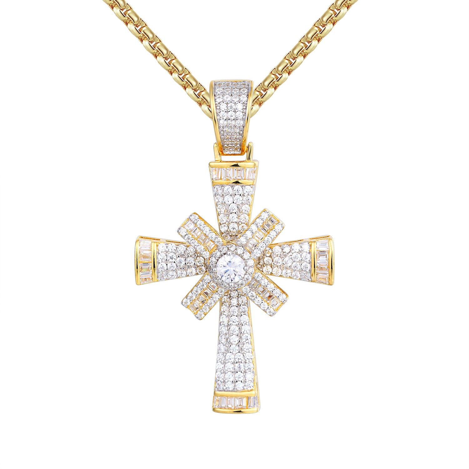 New Baguette Star Spinner Cross Silver Pendant Necklace for Women - Elegant Religious Jewelry Gift for Baptism, First Communion & Everyday Wear