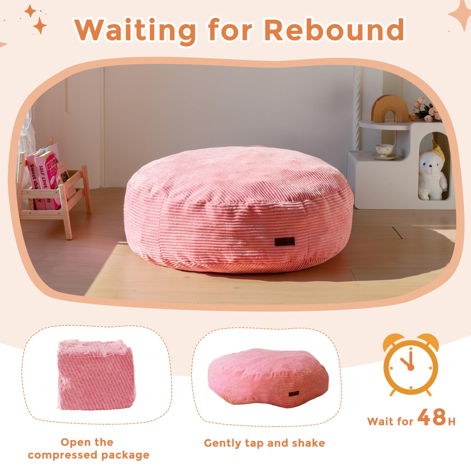 MAXYOYO 3-in-1 Kids Convertible Bean Bag Chair & Bed - Corduroy Round Floor Sofa for Children | Pink Gaming & Reading Chair | Perfect for Playrooms, Bedrooms & Dorm Rooms