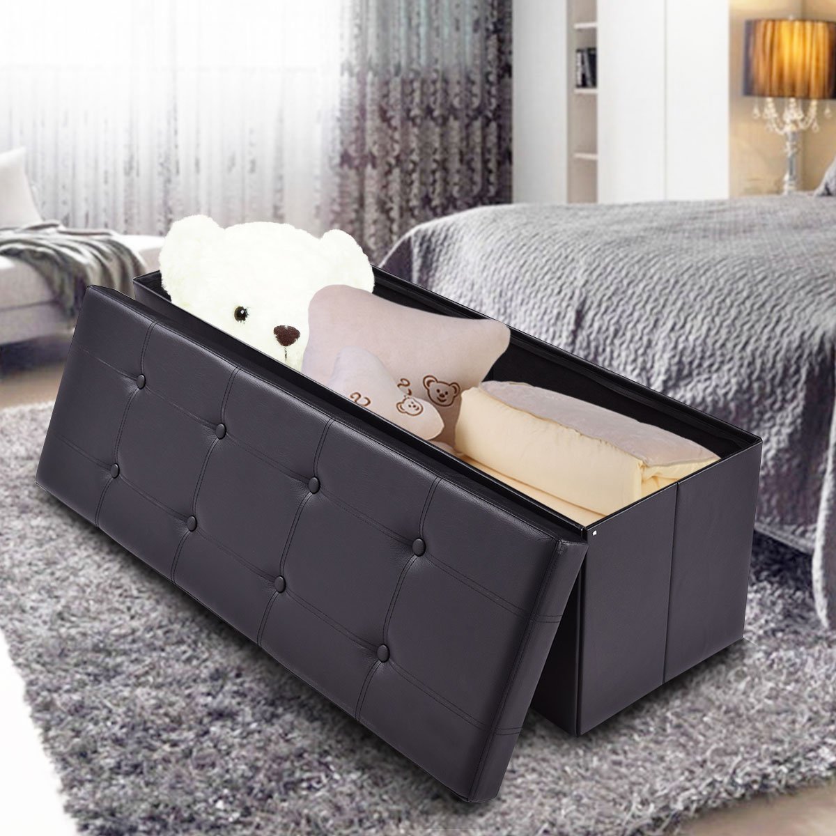 Folding Storage Ottoman Bench - Large Faux Leather Foot Rest Pouffe with Hidden Storage, Black | Perfect for Living Room, Bedroom & Home Organization