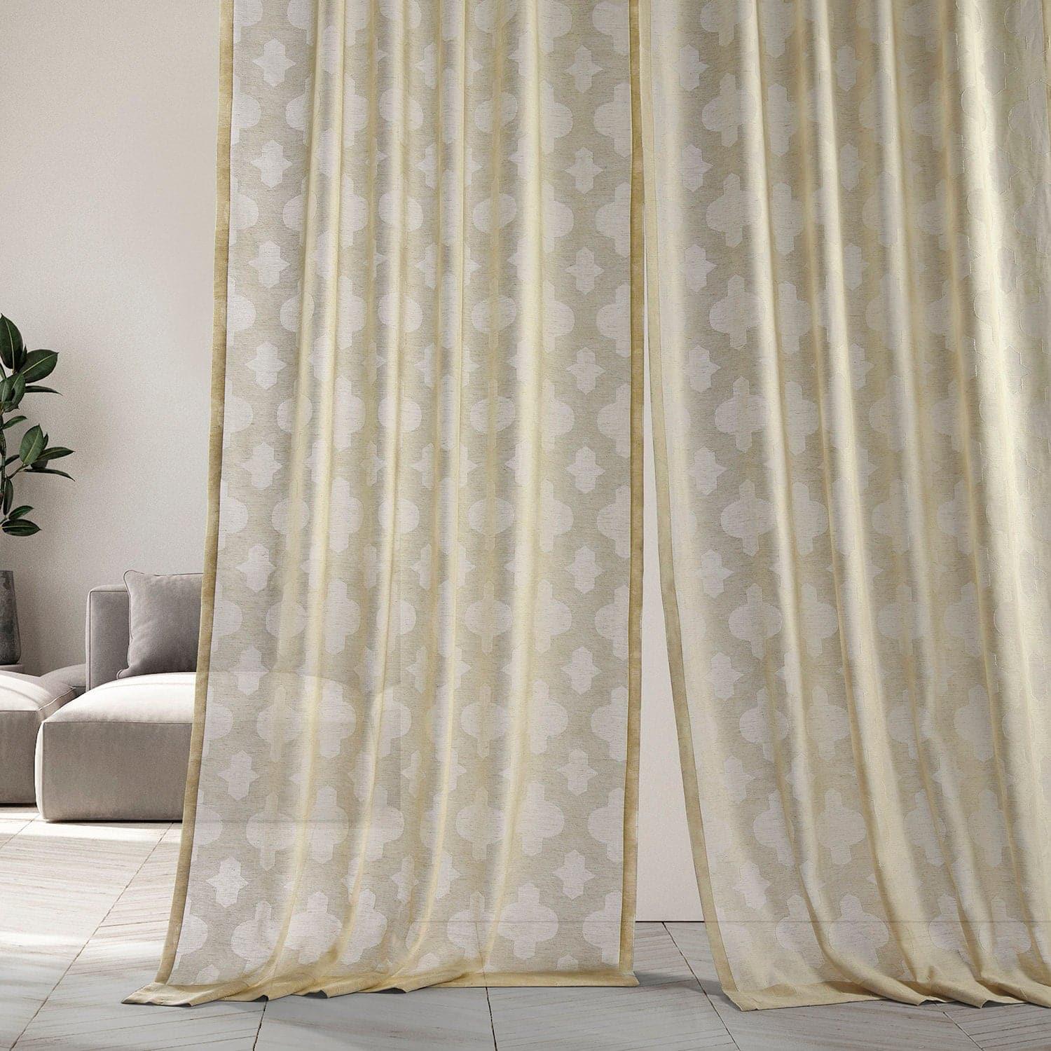 Calais Tile Beige Geometric Pattern Faux Linen Sheer Curtains - Modern Window Treatment for Living Room, Bedroom & Office