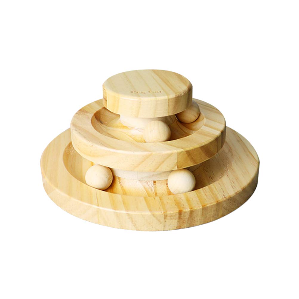POPETPOP Interactive Cat Toys - 2-Layer Wooden Turntable with Smart Track Ball & Rocking Roller for Kittens - Fun Exercise & Mental Stimulation for Indoor Cats