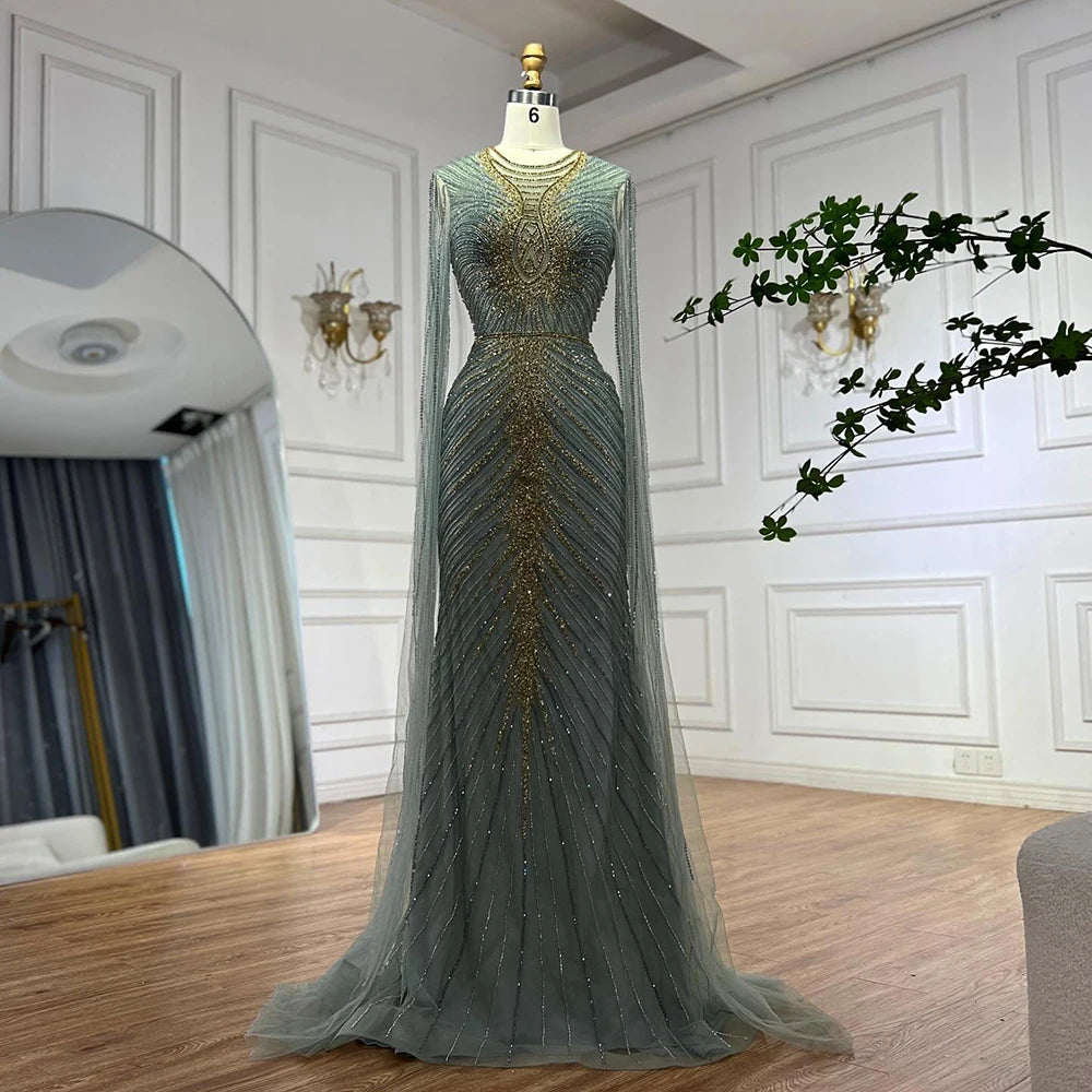 Elegant Caramel Beaded Evening Gown with Cape Sleeves - LA72940 | Formal Party Dress for Women | Perfect for Galas, Weddings & Red Carpet Events