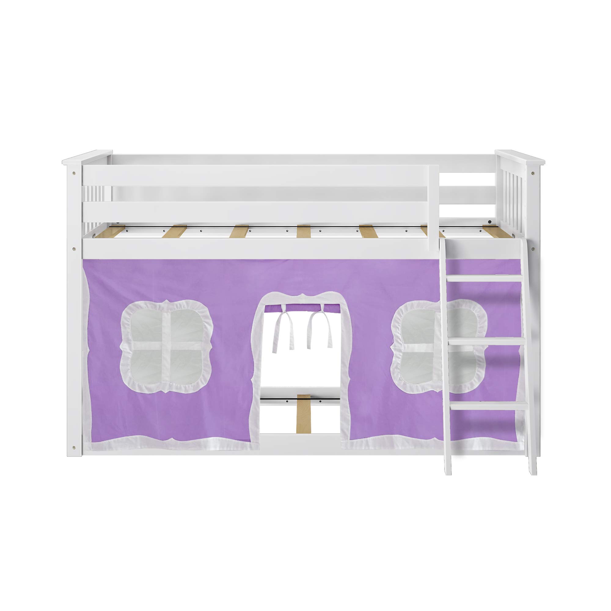 Max & Lily Low Bunk Bed with Curtains - Twin Over Twin Kids Bed Frame in White & Purple - Space-Saving Bedroom Solution for Siblings or Sleepovers
