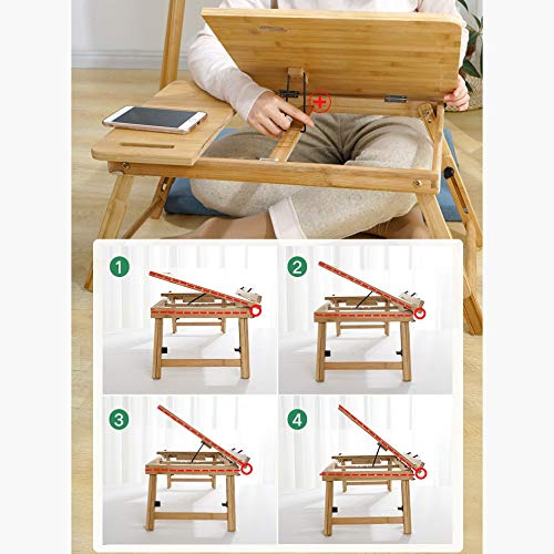 Adjustable Height Bamboo Kids Study Desk with Drawer - Foldable Portable Laptop Table for Children, Small Bamboo Snack & Reading Desk - Perfect for Homeschooling, Bedroom Study & Small Spaces