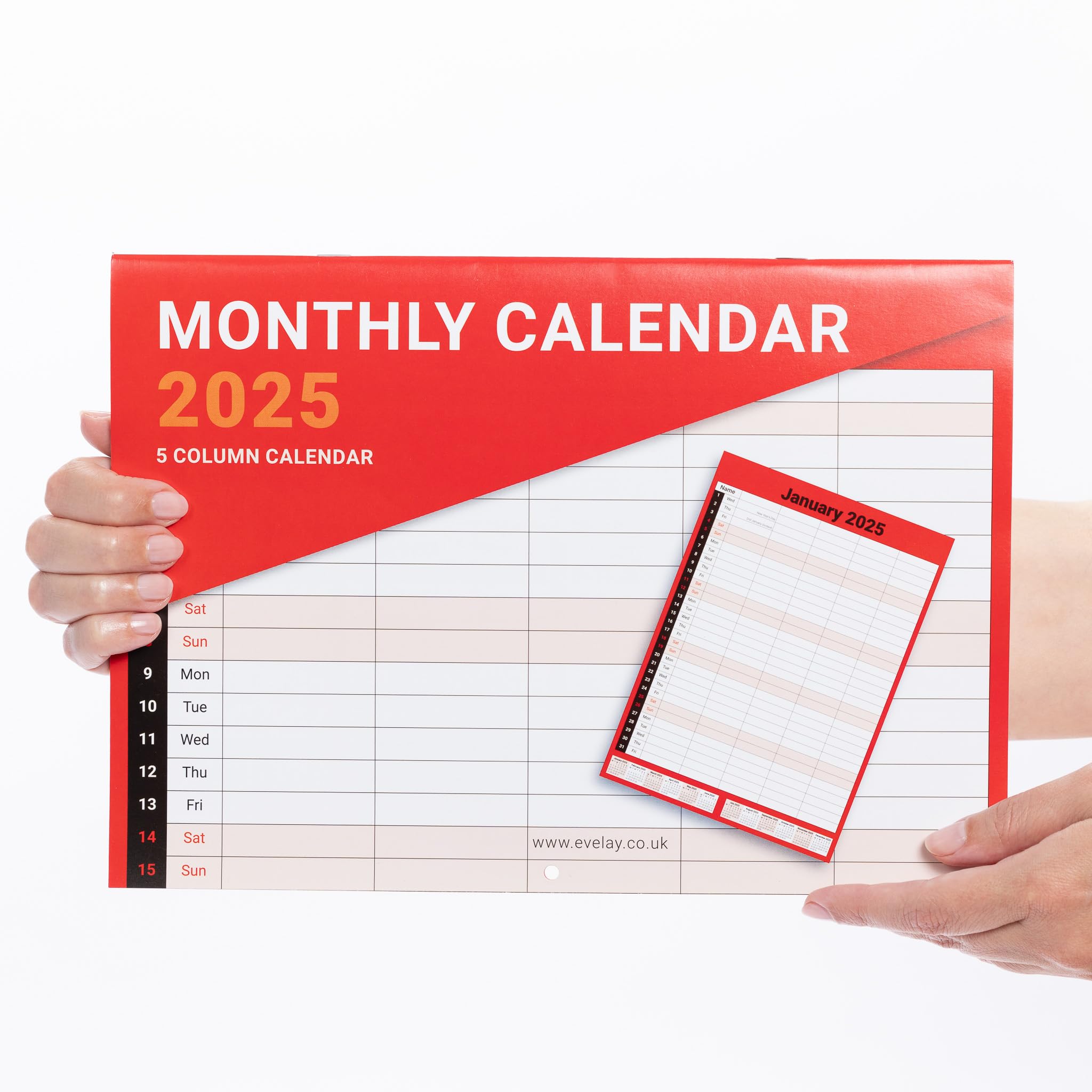 2025 Family Calendar A3 Size - 5 Column Monthly Wall Planner with Red & White Design - Perfect for Home, Office & School Organization