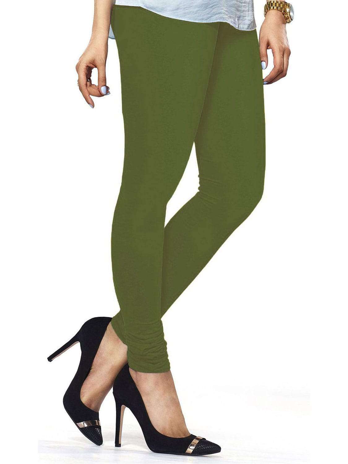Premium Cotton Lycra Churidar Leggings - Free Size in Chatni Green | Comfortable Stretchable Yoga Pants for Women | Perfect for Workout, Yoga & Casual Wear
