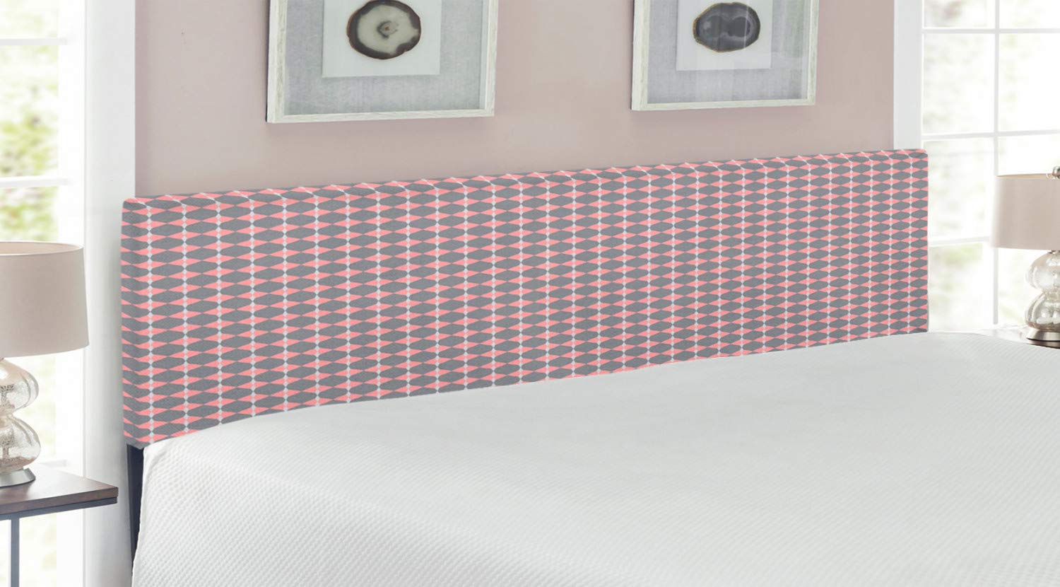 Ambesonne Geometric Upholstered Headboard - King Size Taupe Grey & Pale Pink with Memory Foam, Round Edged Pink Rhombus Tile Pattern - Perfect for Modern Bedroom Decor & Guest Room Upgrade