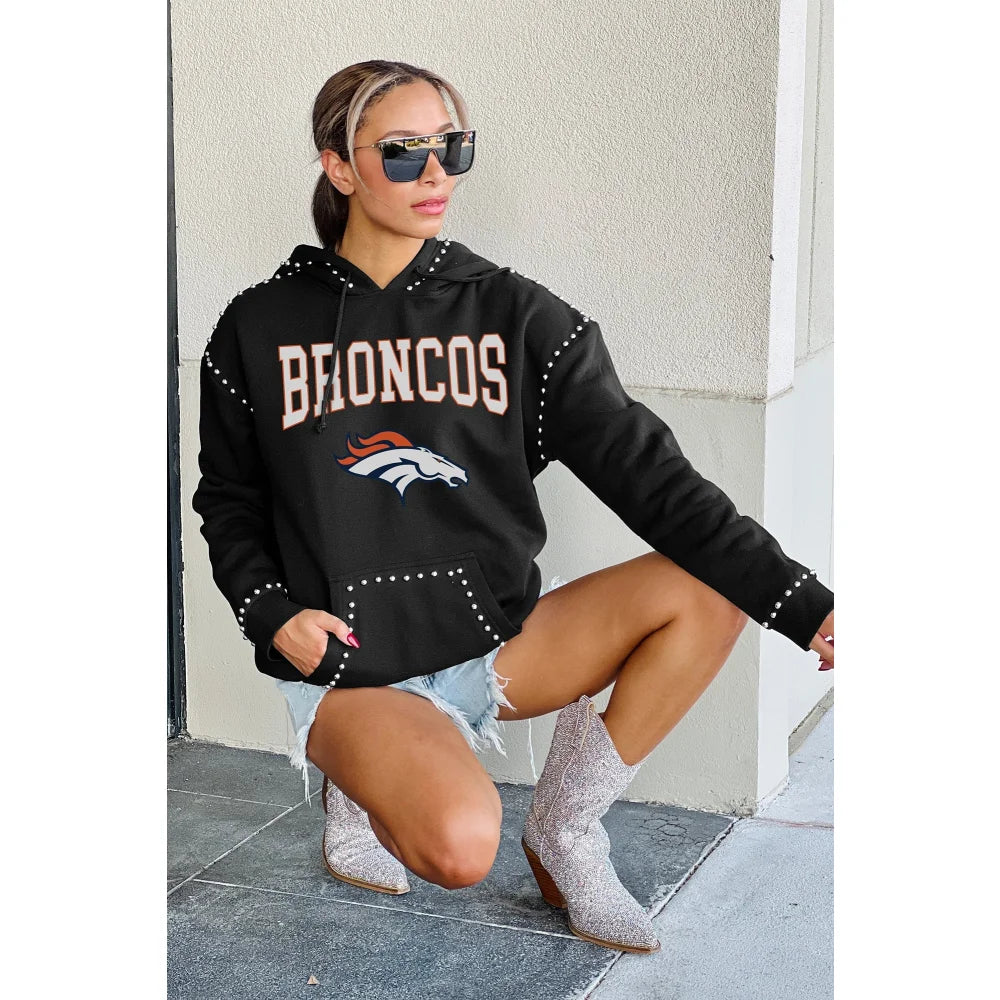 Denver Broncos Women's Studded Pullover Hoodie - NFL Football Team Apparel for Game Day & Casual Wear - Cozy Fleece Sweatshirt for Fans & Supporters