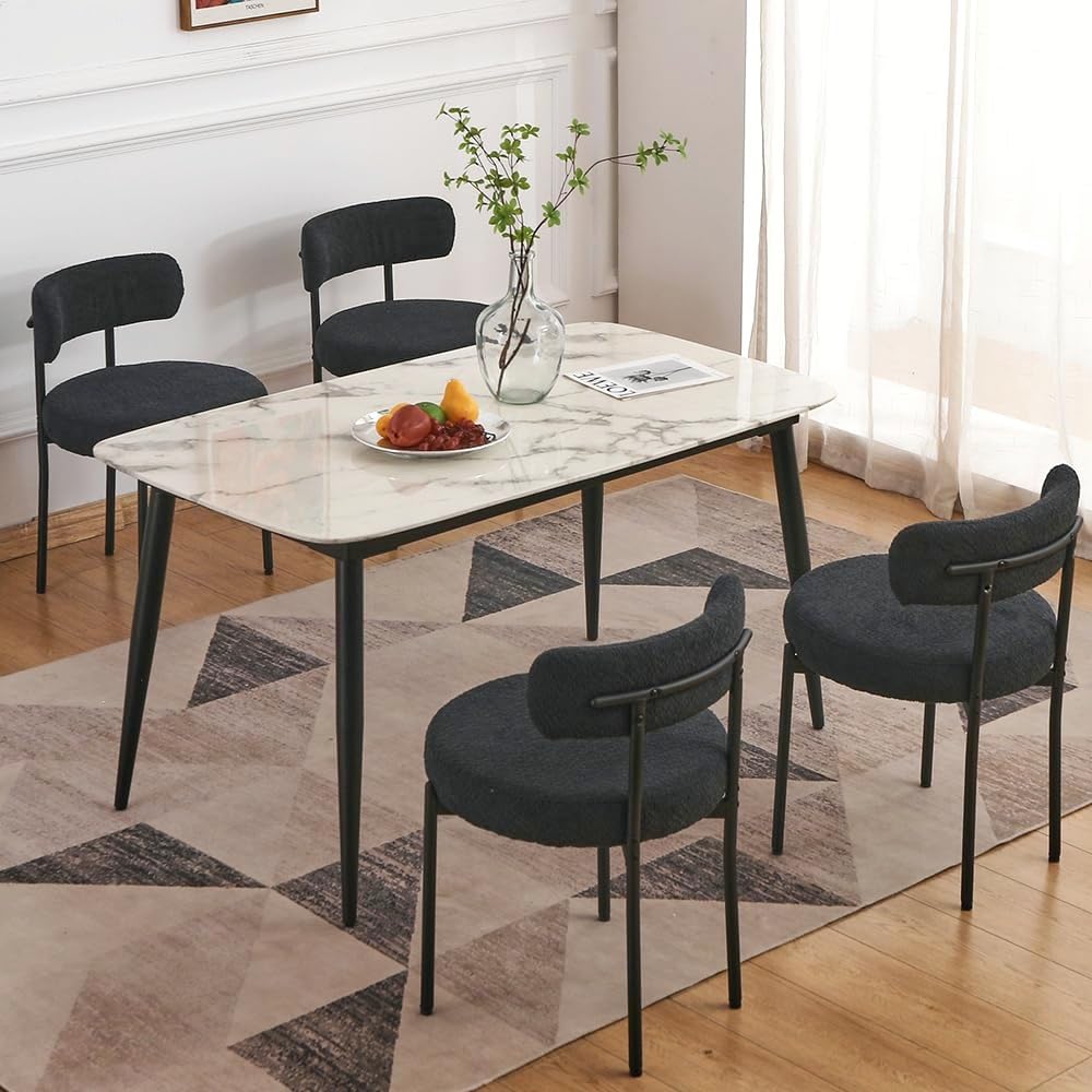 EDWELL Black Boucle Dining Chairs Set of 4 - Mid Century Modern Upholstered Kitchen Chairs with 3.94