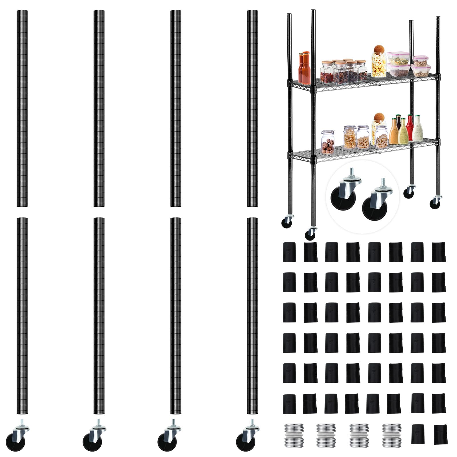 4-Pack Chrome Wire Shelving Poles with 50 Plastic Shelf Clips & Caster Wheels - 74 Inch Heavy Duty Replacement Posts for Wire Shelving Rack Accessories | Garage Storage, Pantry Organization, Retail Display