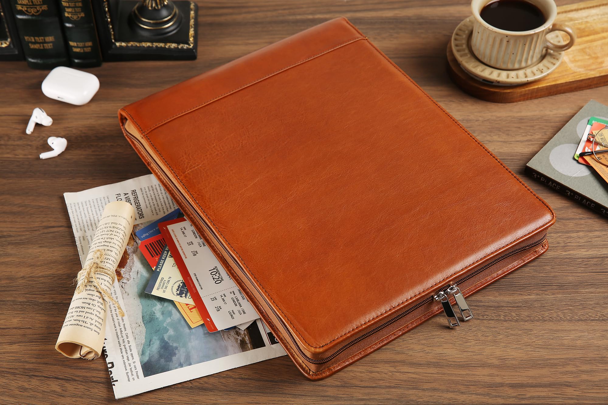 Premium Leather Business Checkbook Binder - 7-Ring Zippered Organizer with Checkbook Holder for 3 Per Page Checks, Holds 600 Checks & 9x13 Inch Sheets, Oil Brown - Ideal for Office, Accounting & Financial Management