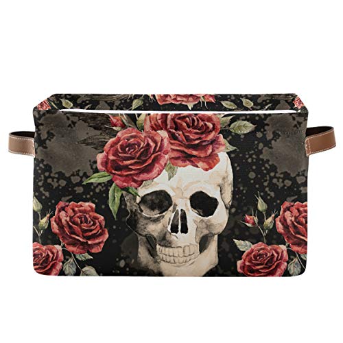 Vintage Floral Rose Skull Collapsible Storage Bins & Laundry Baskets - 2 Pack Foldable Organizer Bins with Handles for Home, Office, Nursery, Closet | Perfect for Toys, Clothes & Shelf Organization