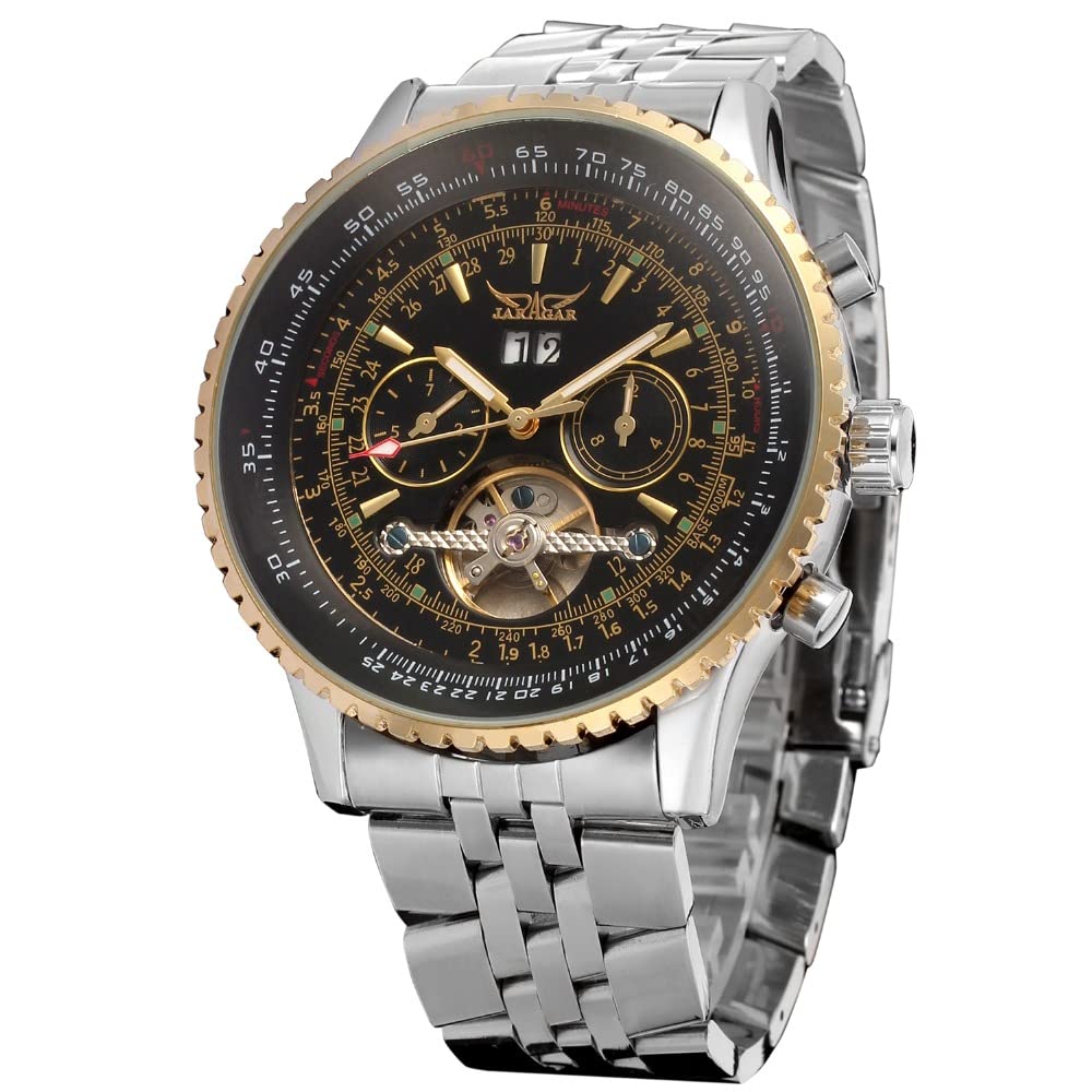 Luxury Men's Automatic Mechanical Wrist Watch - Golden Bezel, Big Dial, Tourbillon Design, Stainless Steel with Calendar | Perfect for Business, Formal Events & Gift Giving