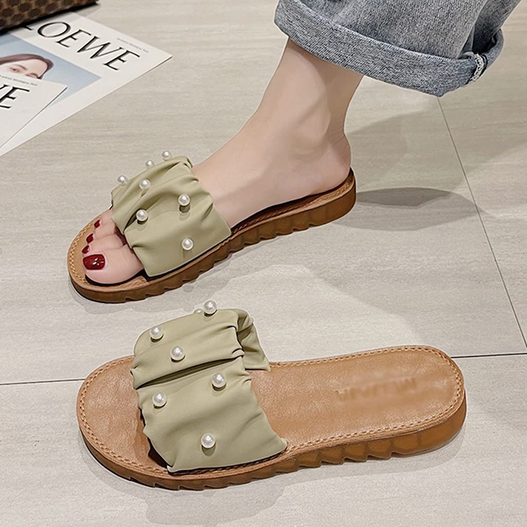 Women's Summer Leather Sandals with Pearls - Comfortable Open Toe Flat Slippers for Outdoor & Beach - Soft Sole Cute Flip Flops for Casual Wear, Vacation, and Relaxation