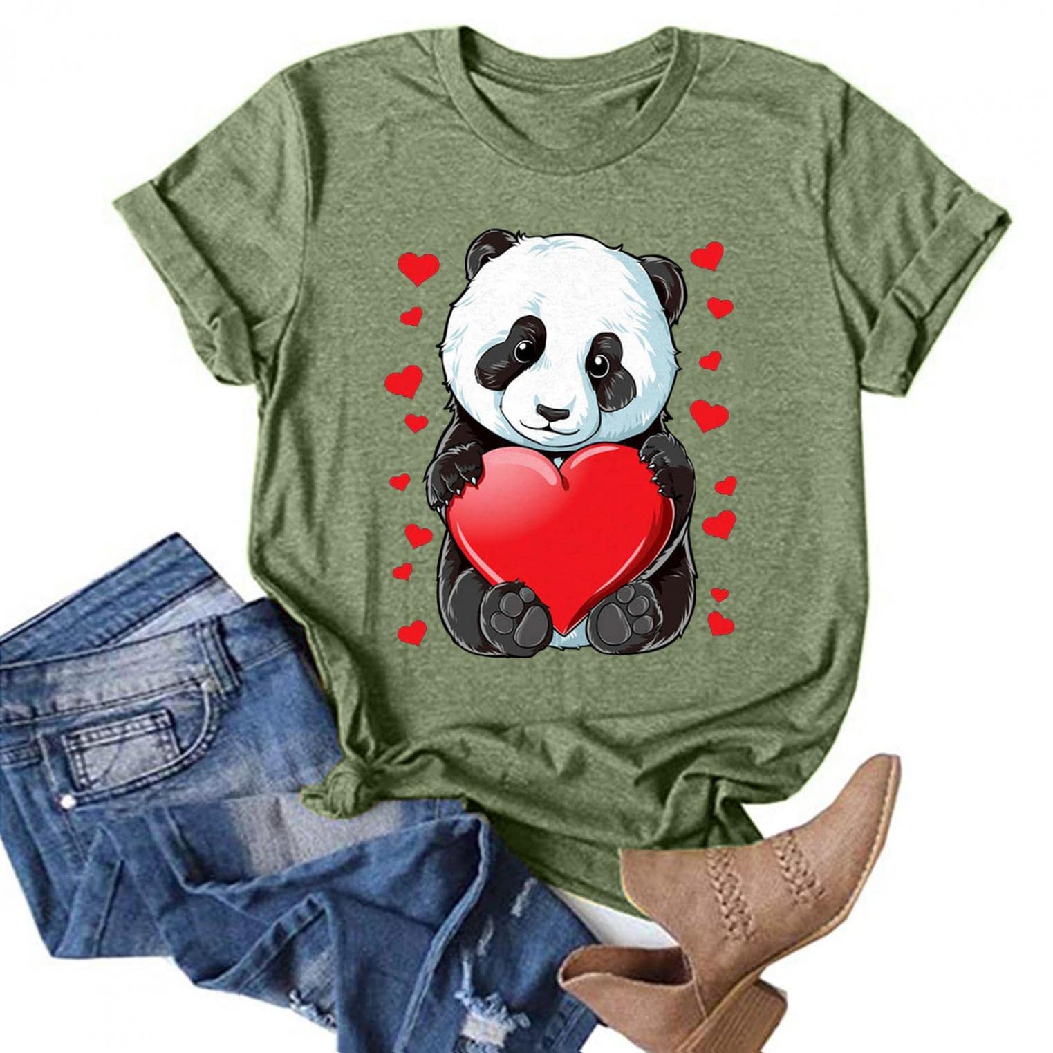 JQUEBGU Women's Cute Panda & Heart Print T-Shirt - Round Neck Short Sleeve Casual Blouse for Women | Perfect for Date Night, Office Wear & Everyday Outfits