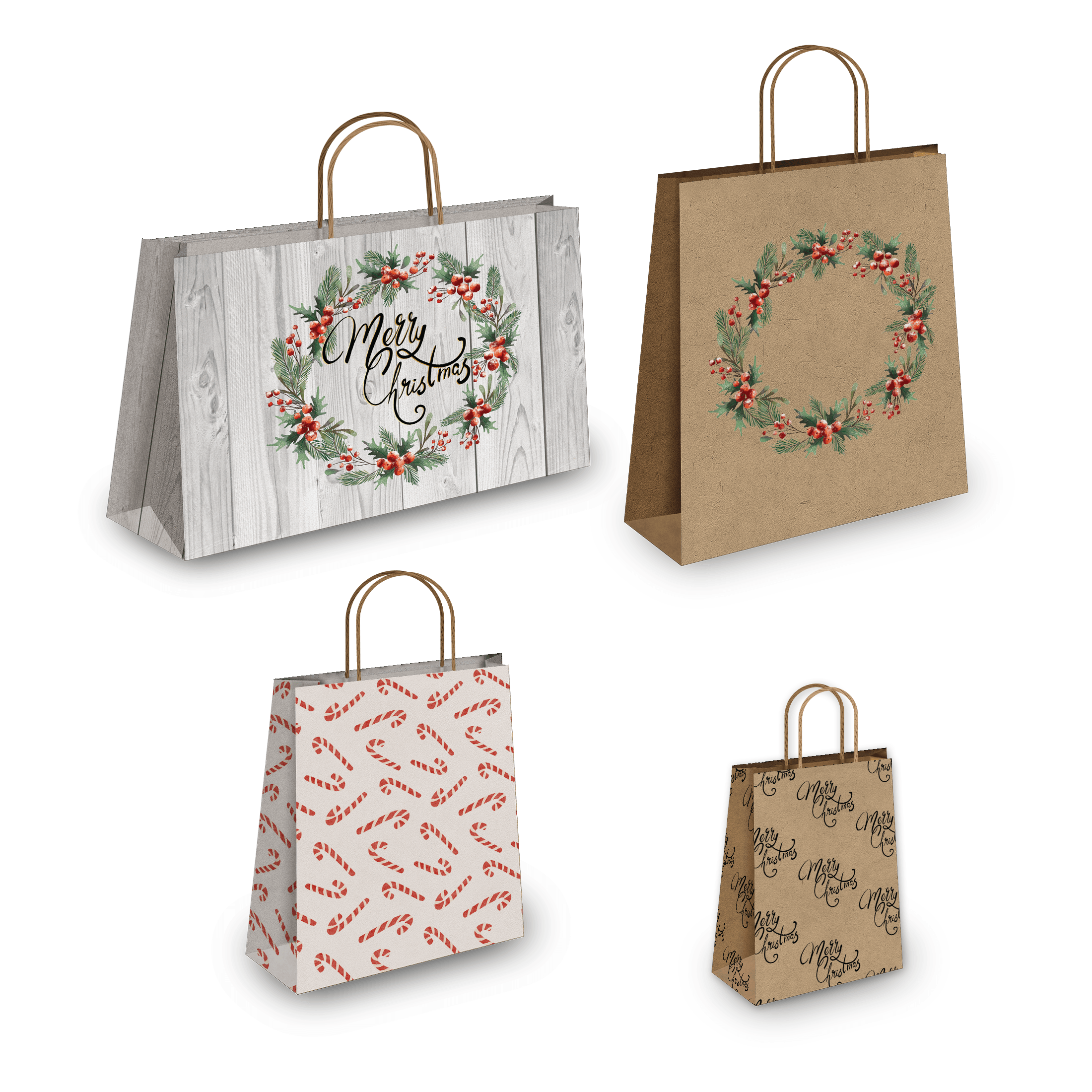Christmas Wreath Kraft Gift Bags Set - 10 Pcs Mixed Sizes (Small/Medium/Large) for Holiday Presents, Party Favors & Home Decor