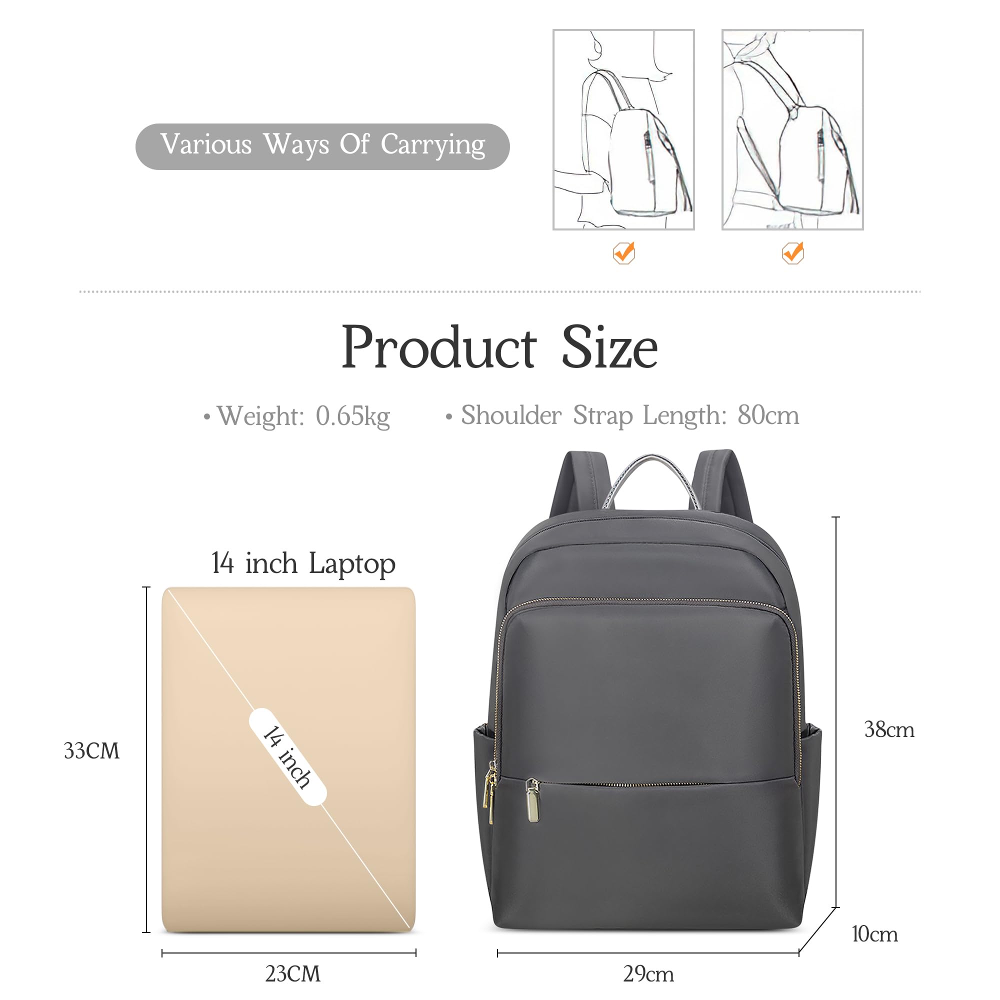 DEEVORCA Women's Fashion Backpack - Waterproof Nylon Laptop Backpack for Work & Travel, Fits 14 Inch Laptop, Casual Daypack with Shoulder Straps, Business & Shopping Handbag in Gray - Perfect for Office Commute, College Campus & Weekend Getaways