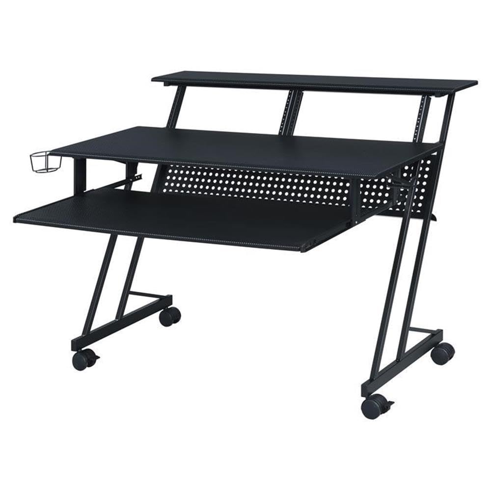 Pemberly Row Black 1-Shelf Music Recording Studio Desk with Keyboard Tray, 4 Caster Wheels & Cup Holder - 47