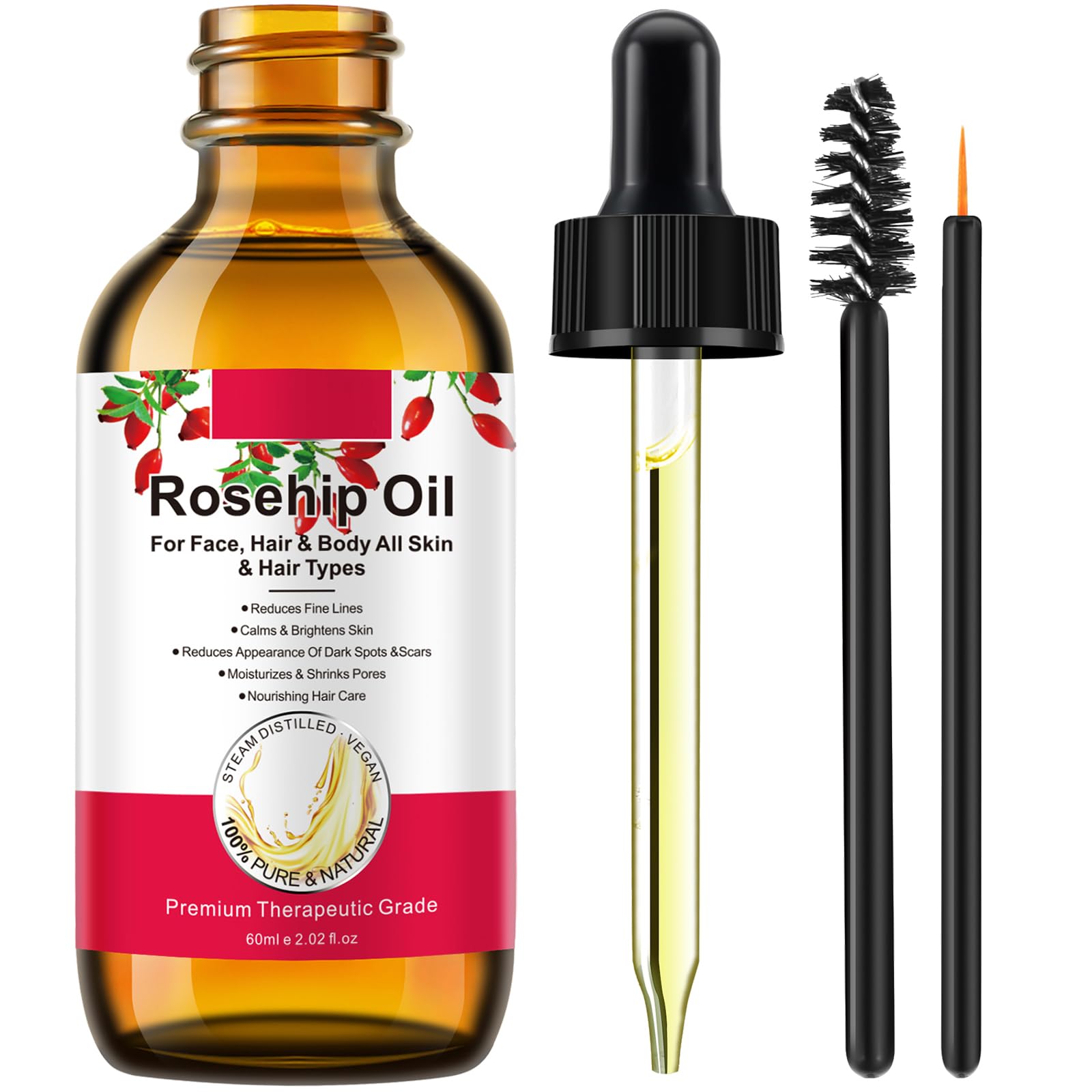 100% Pure & Natural Rosehip Oil 60ml (2.02 fl oz) - Organic Cold-Pressed Rose Hip Seed Oil for Face, Body, Hair & Skin Care - Anti-Aging Moisturizer, Dry Skin Relief & Hair Treatment - Perfect for Night Routine, DIY Beauty & Spa Treatments
