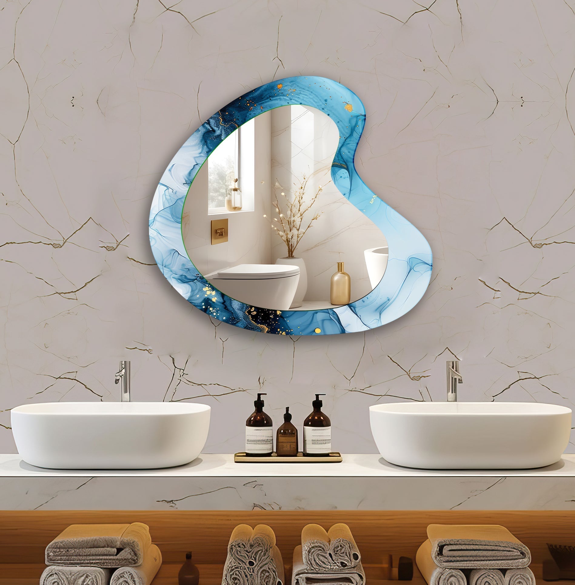 Blue Abstract Watercolor Irregular Wall Mirror - Modern Decorative Mirror for Living Room, Bedroom & Entryway - Unique Handmade Home Decor