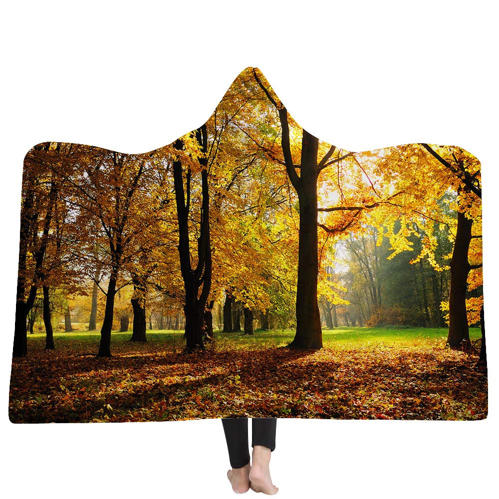WSHINE Autumn Fall Trees Sunset Hooded Blanket - Golden Sunshine Forest Scenery Fleece Throw for Kids, Teens & Adults (50x60 inches) - Cozy Wearable Blanket for Camping, Movie Nights & Outdoor Adventures