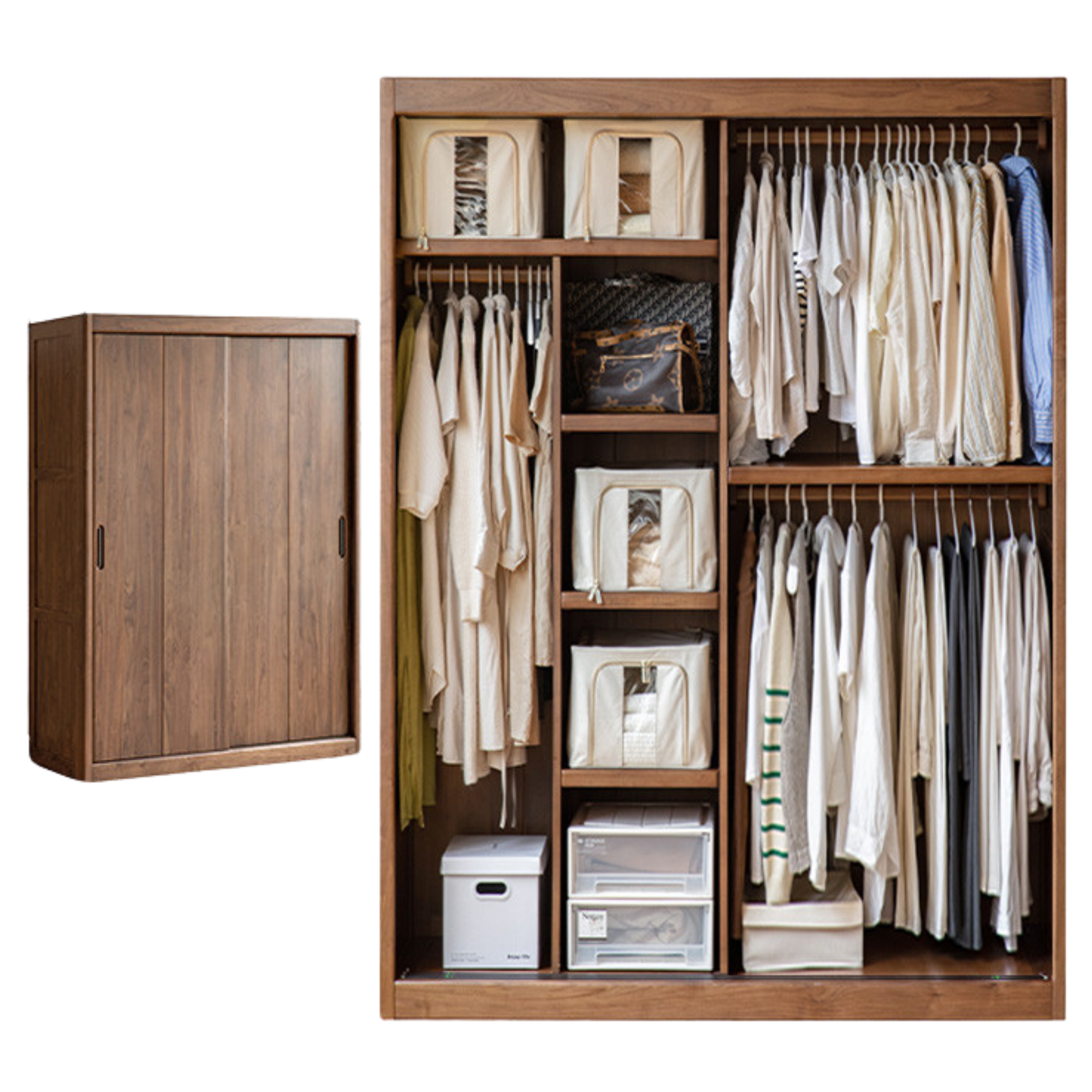 70.8x24.4x86.6 inch / 180x62x220 cm / Rich Dark Walnut  color / Sliding door wardrobe with hanging folding clothes