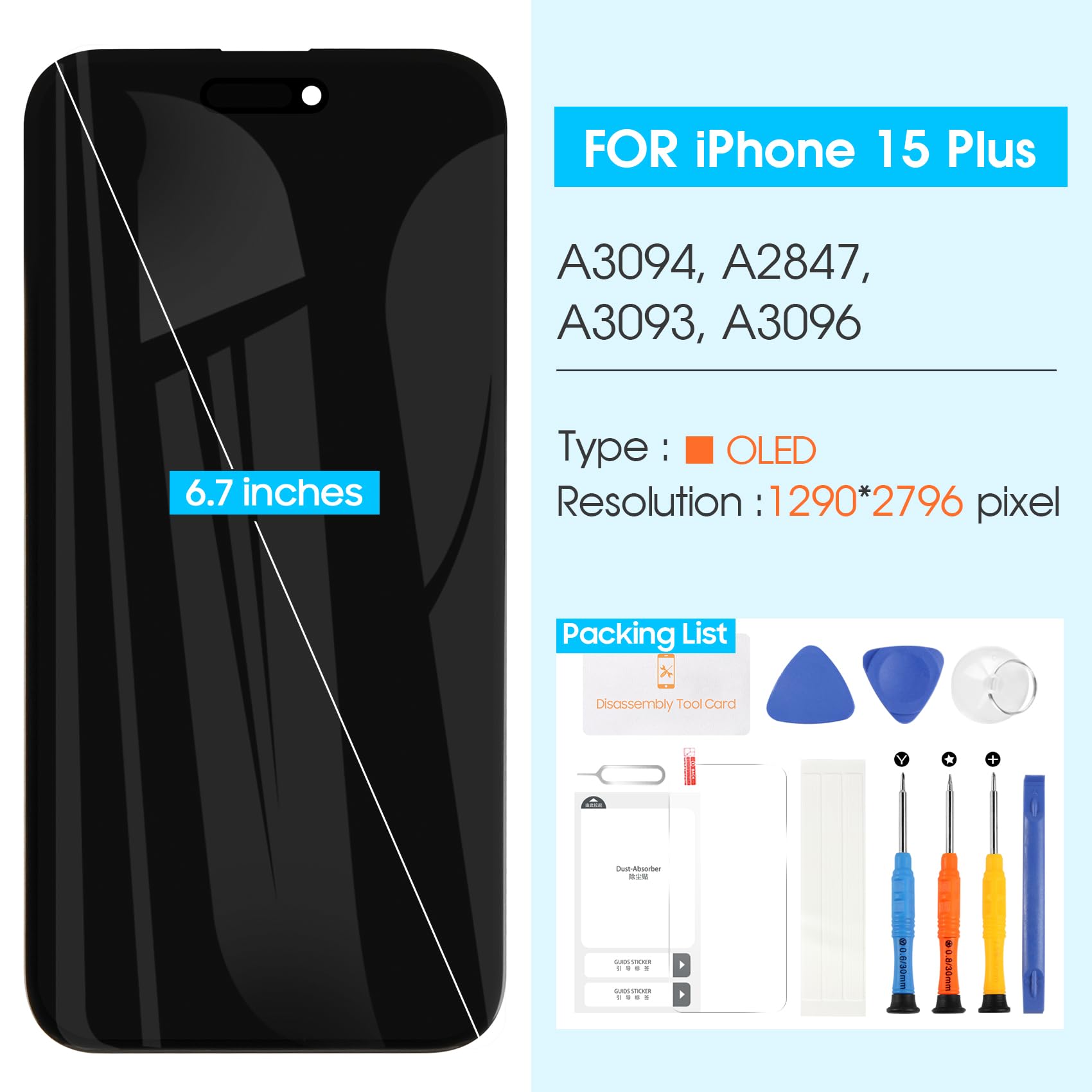 Original OLED Screen Replacement for iPhone 15 Plus - LCD Display Touch Digitizer Assembly (A3094 A2847 A3093 A3096) with Repair Tools - Black | DIY Phone Repair Kit for Home & Professional Use