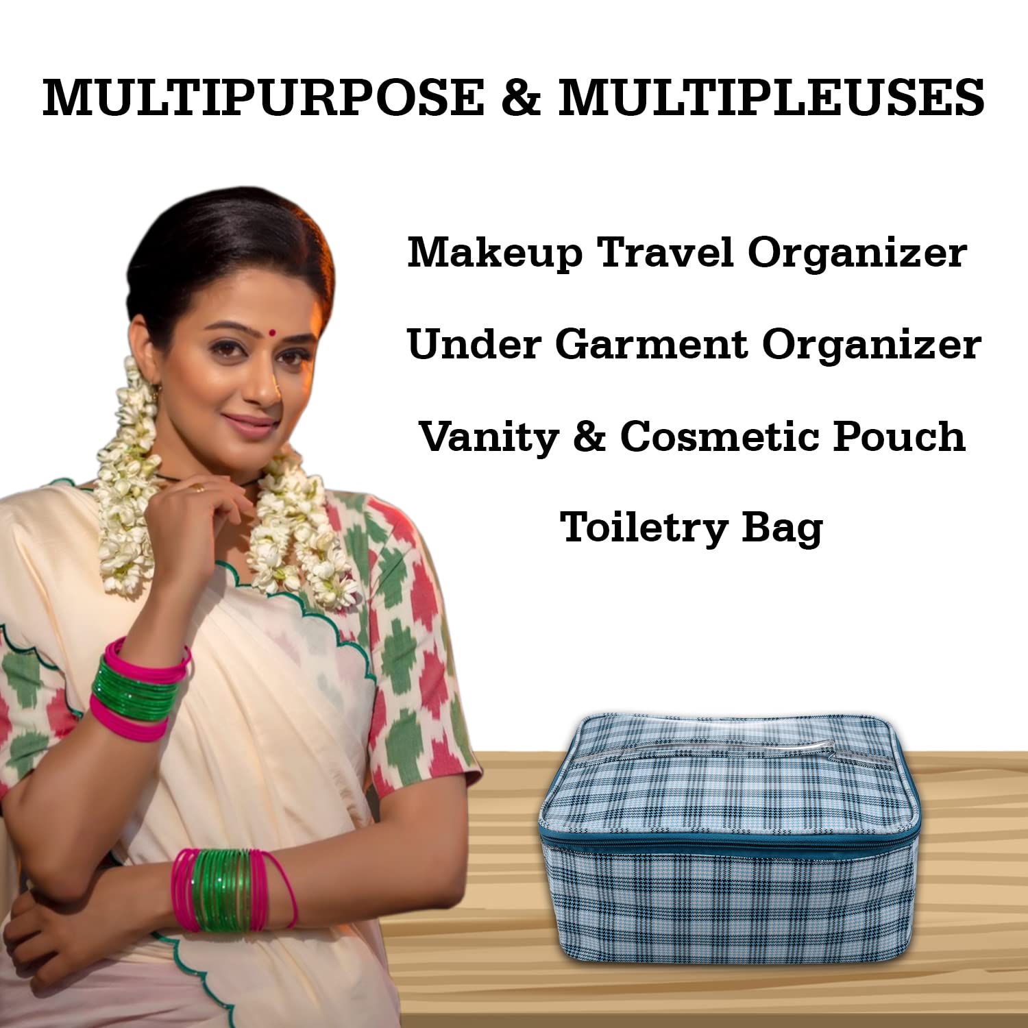 Kuber Industries Rexine Makeup Travel Organizer - Waterproof Toiletry Bag with Handle for Men & Women | Check Print Vanity Cosmetic Pouch | Perfect for Travel, Gym & Daily Essentials (Turquoise)