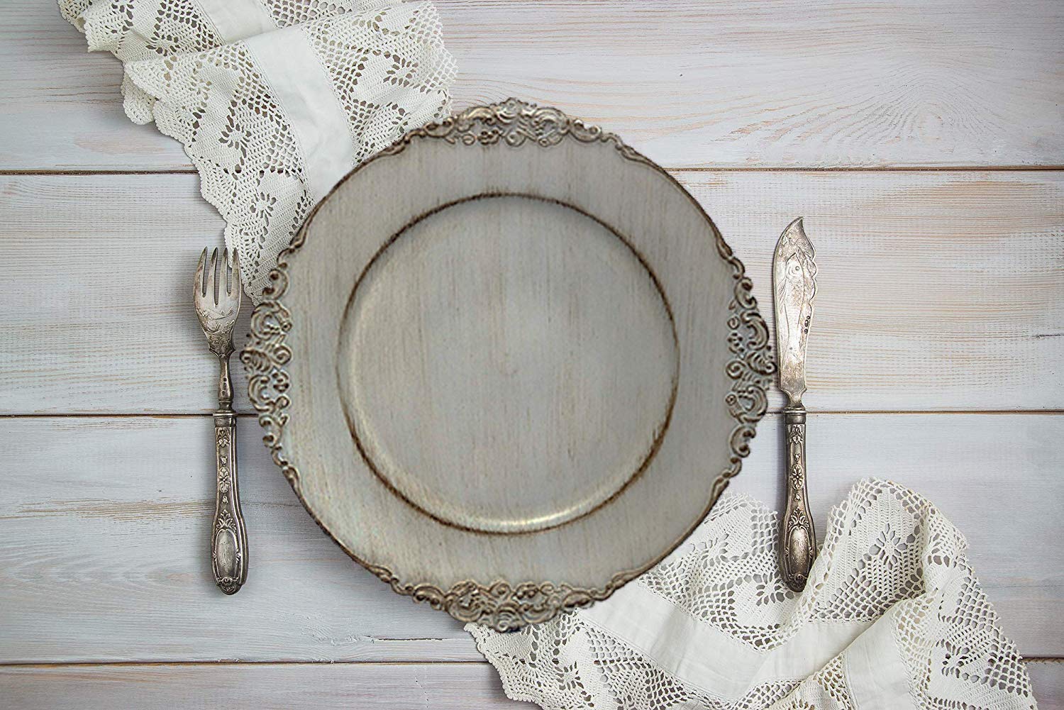 Vintage Grey Round Dinner Charger Plates - Set of 6 Heavyweight Antique Style Chargers for Wedding Reception, Table Settings & Formal Dining - Tiger Chef Collection