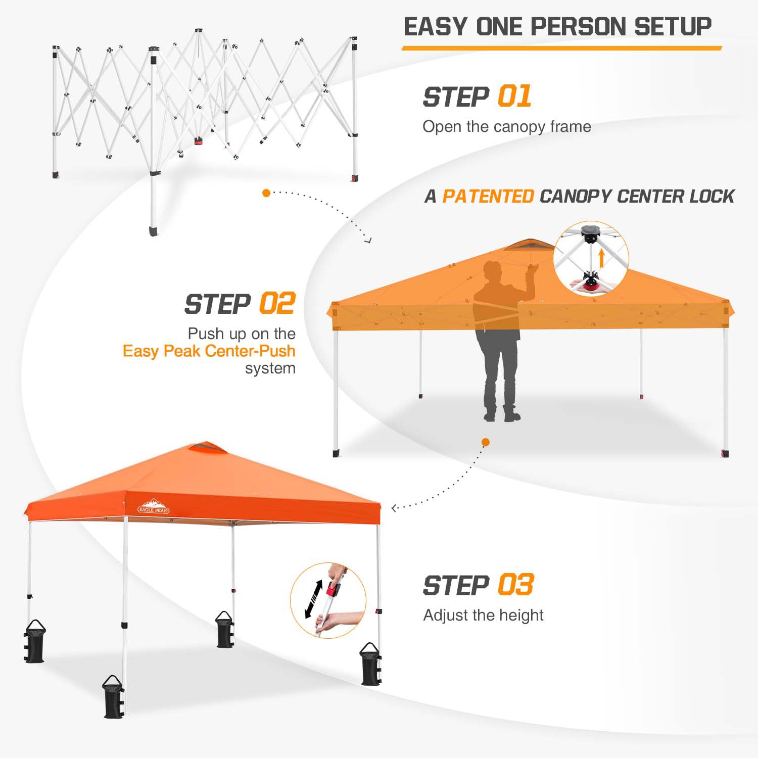 EAGLE PEAK 10x10 ft Pop Up Canopy Tent with Wheeled Carry Bag - Includes 8 Stakes, 4 Ropes & 4 Weight Bags - Easy Setup Instant Shelter for Outdoor Events, Beach, Camping & Backyard Parties - 100 sq ft Shade Coverage in Orange