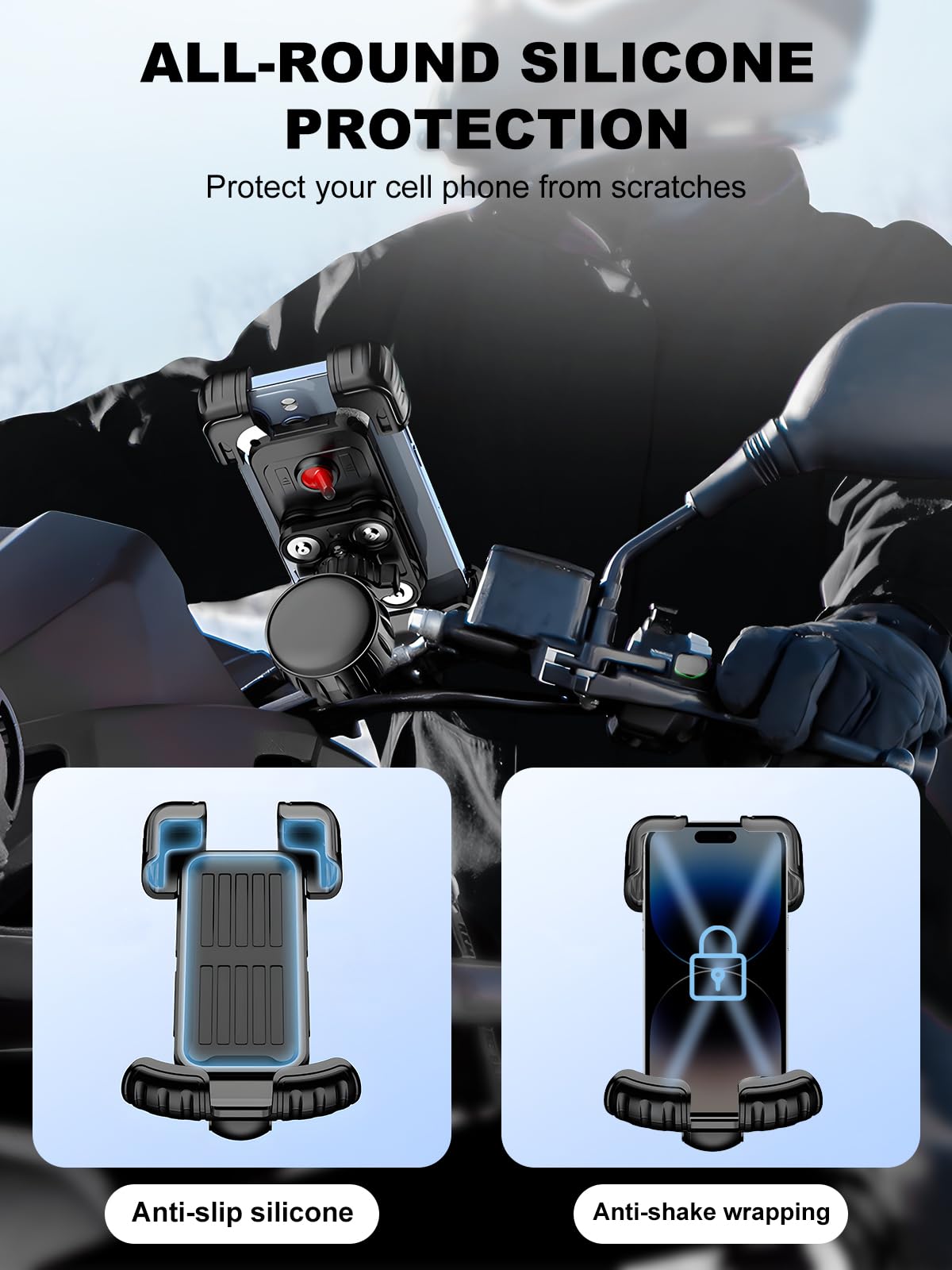 Universal Motorcycle Phone Mount Holder - Dual Vibration Dampener Bike Phone Mount for iPhone 15/14/13/12 Pro Max & 5.1-6.8