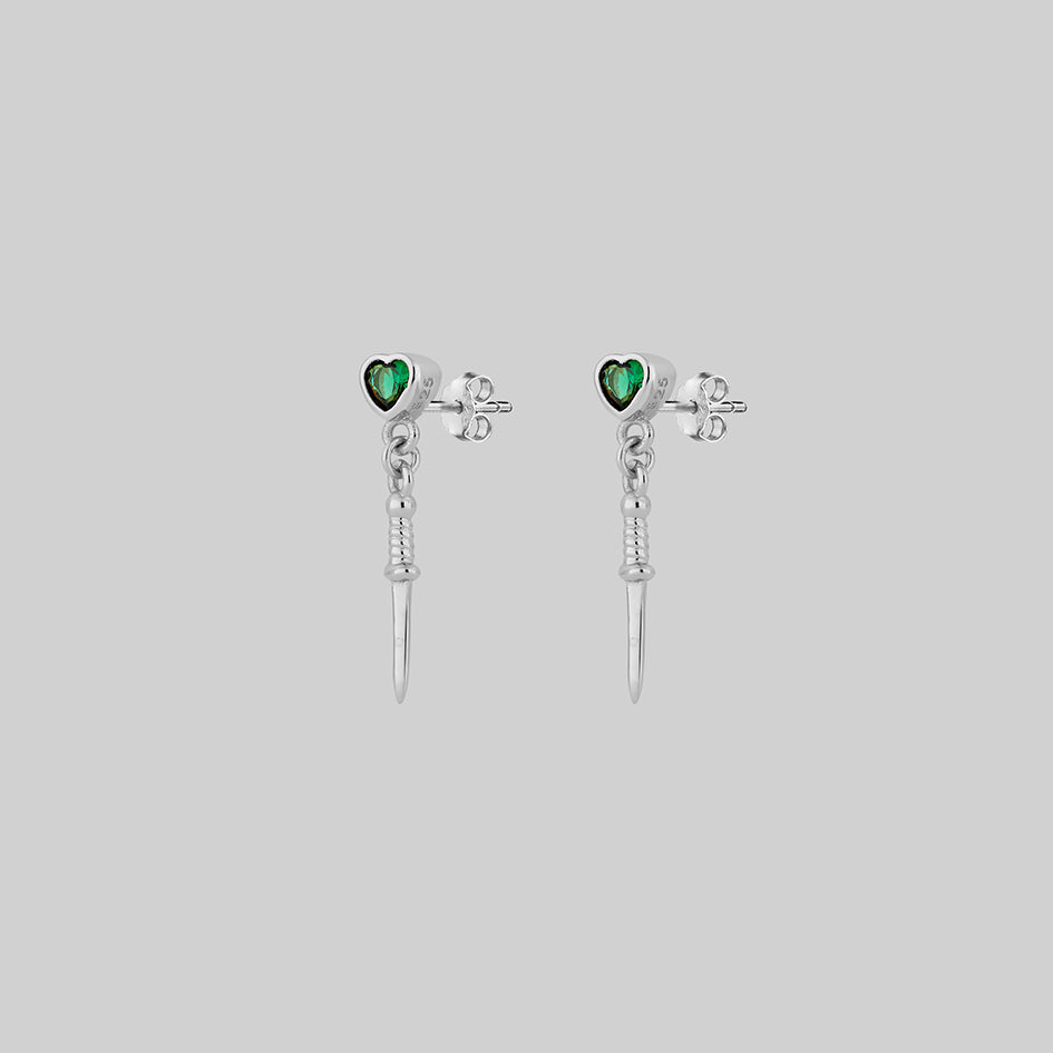 REIGN Sterling Silver Green Heart & Dagger Drop Earrings for Women - Elegant Gothic Jewelry for Parties, Date Nights, and Special Occasions