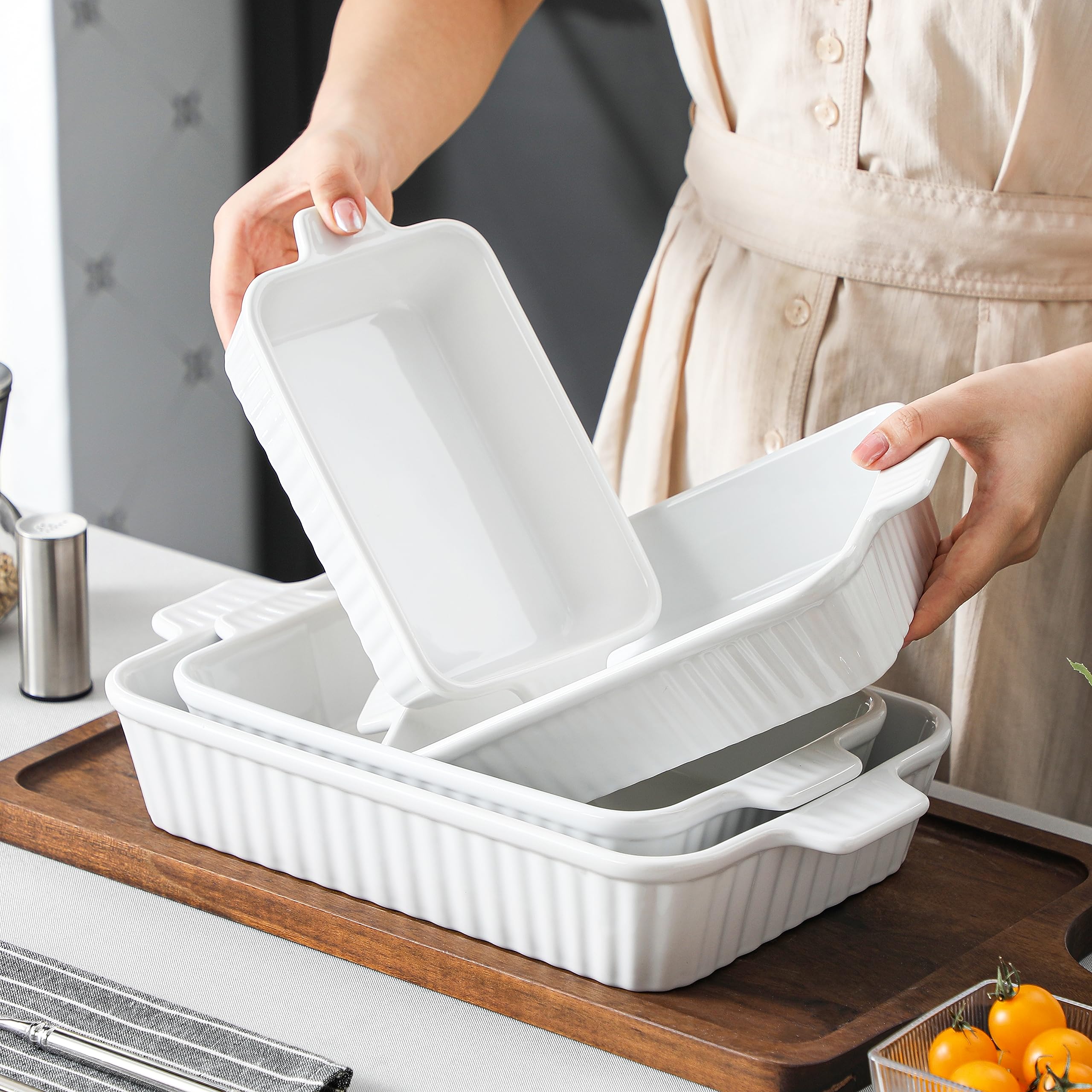 MALACASA 4-Piece Porcelain Casserole Dish Set - Oven Safe Rectangular Baking Pans for Lasagna, Cakes & More (9.4