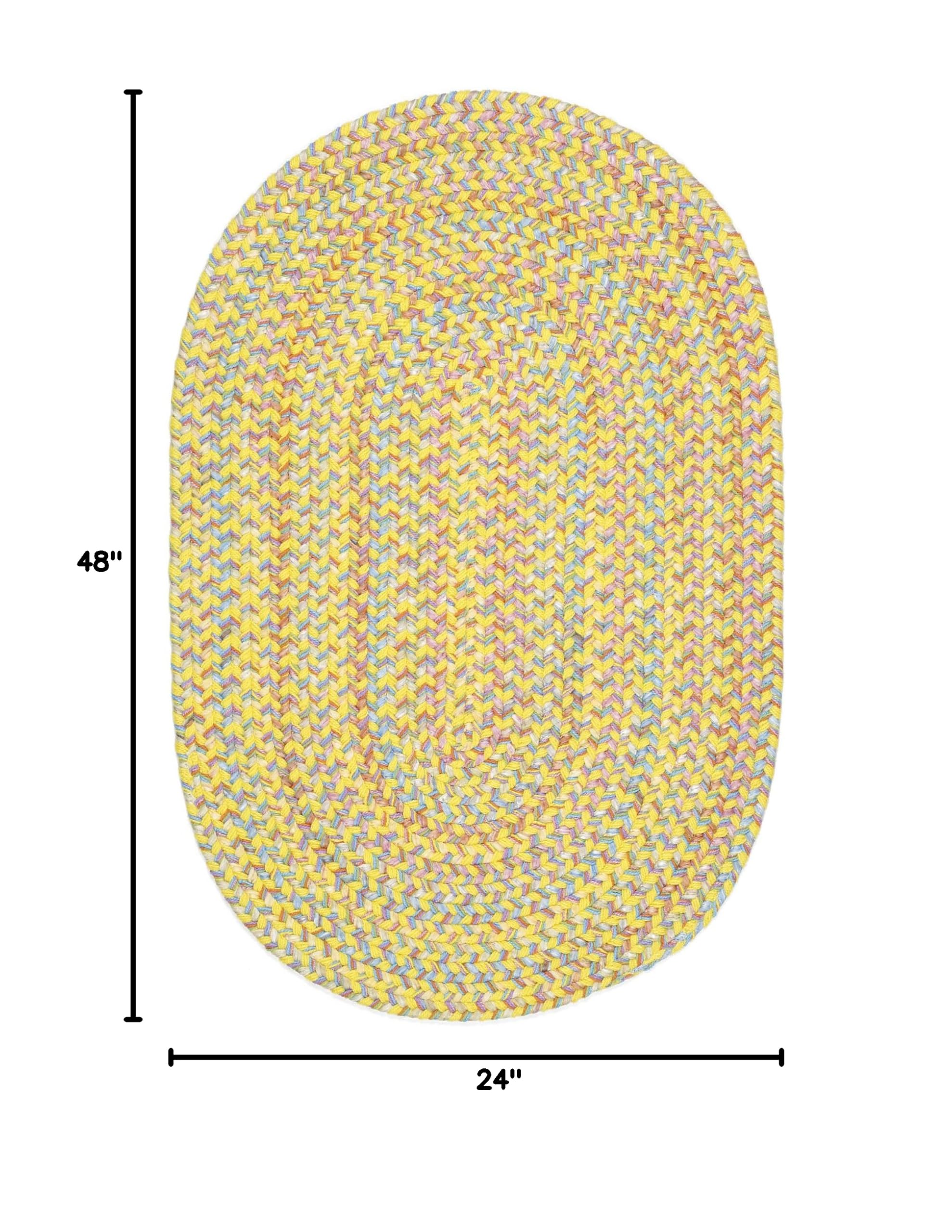 Braided Kids Area Rug - Washable Oval Rug for Nursery, Playroom & Classroom Decor - USA Made - 2' x 4' Yellow Multi Design - Perfect for Toddler Play Areas & Learning Spaces