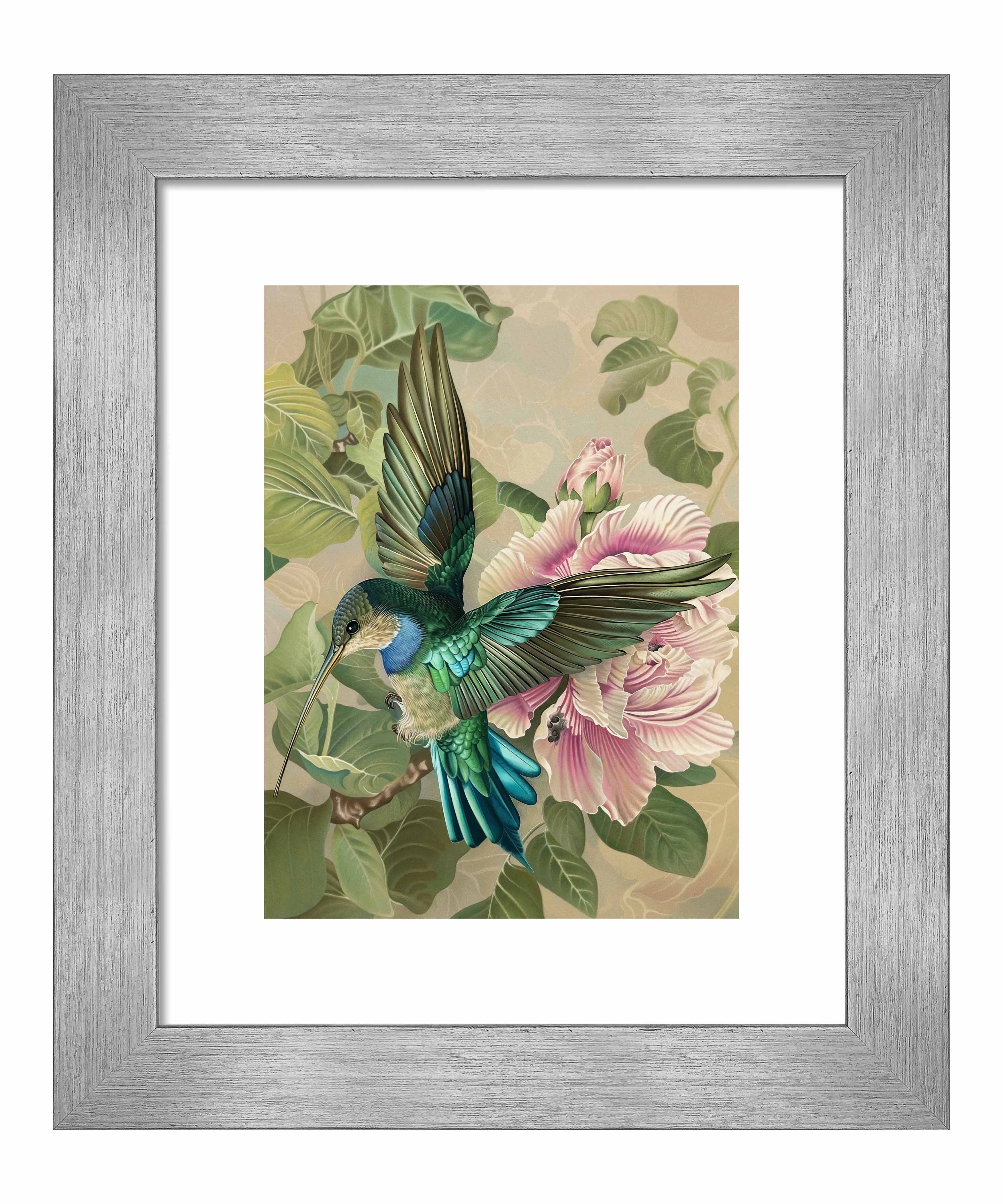 Emerald Flight Hummingbird Among Hibiscus Wall Art Print - Vibrant Tropical Home Decor for Living Room, Bedroom & Office