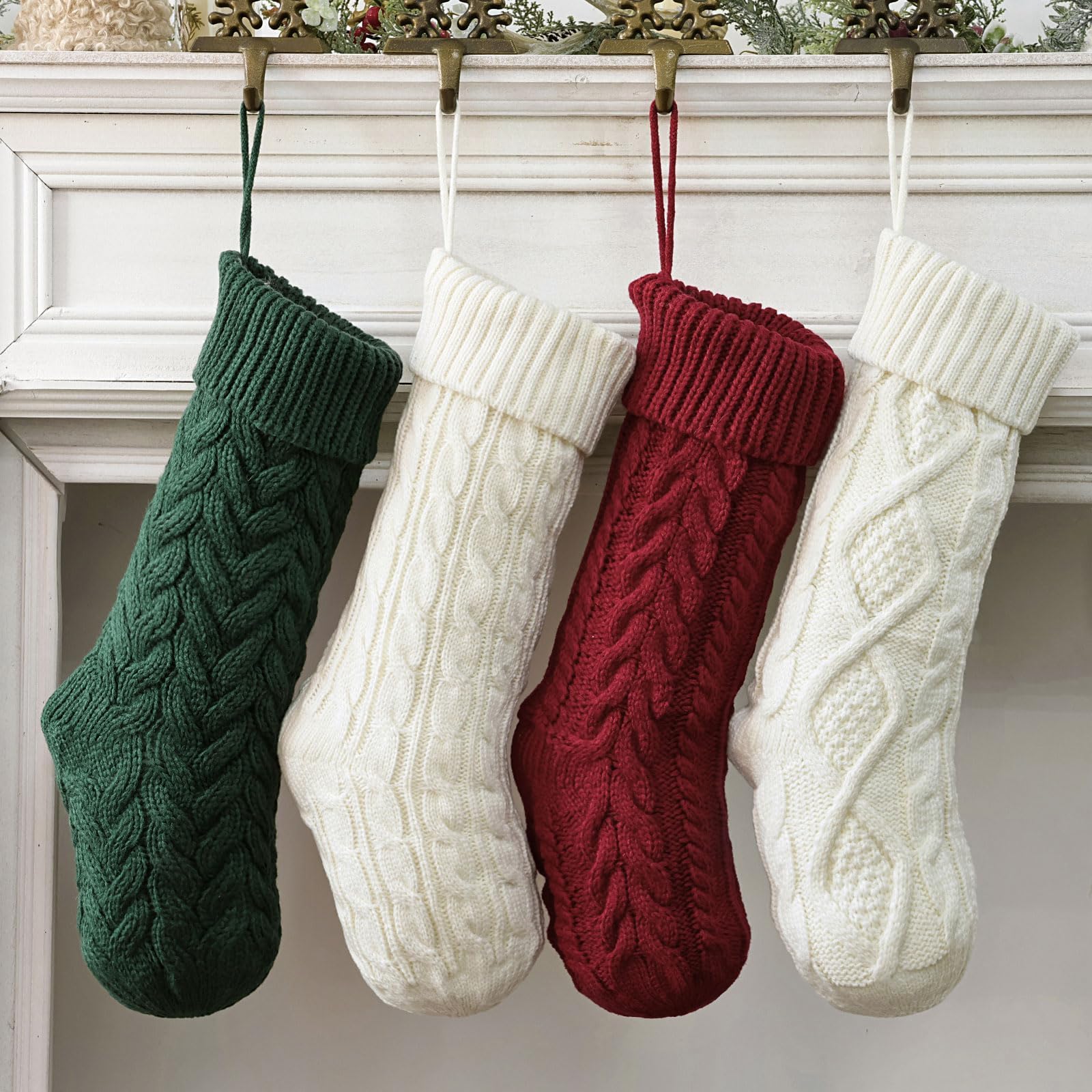 LimBridge Cable Knit Christmas Stockings - 4 Pack 18 Inch Large Knitted Holiday Stockings, Rustic Farmhouse Beige Boho Style Xmas Decor for Fireplace Mantel, Tree & Gift Exchange | Red, Green & White Holiday Decorations for Family & Festive Home Decor