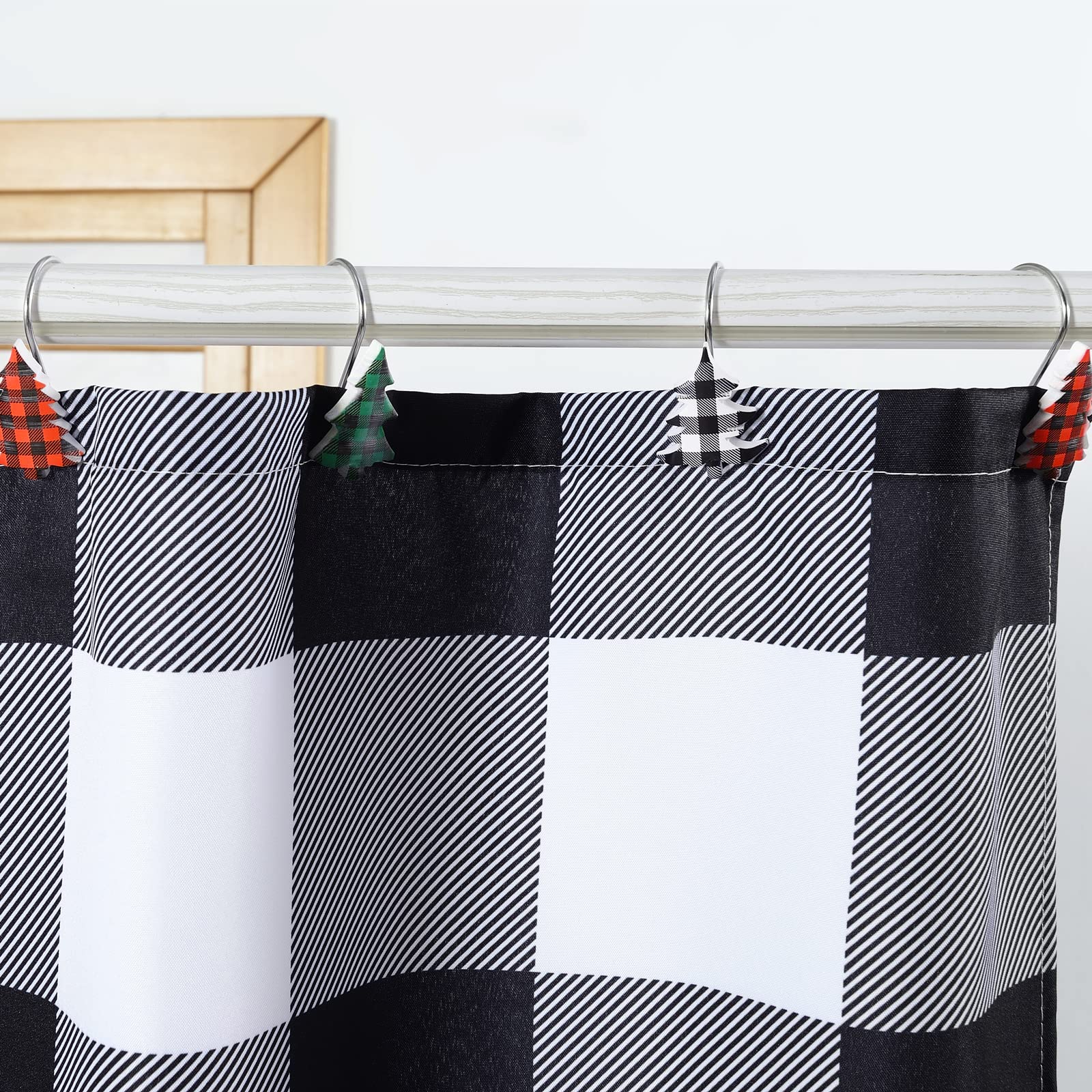 Estmy Buffalo Plaid Christmas Tree Shower Curtain Hooks - Set of 12 Rustproof Resin Hooks for Farmhouse Bathroom Decor, Xmas Theme Holiday Home Accessories - Perfect for Christmas Bathroom, Kitchen, and Farmhouse Decorations