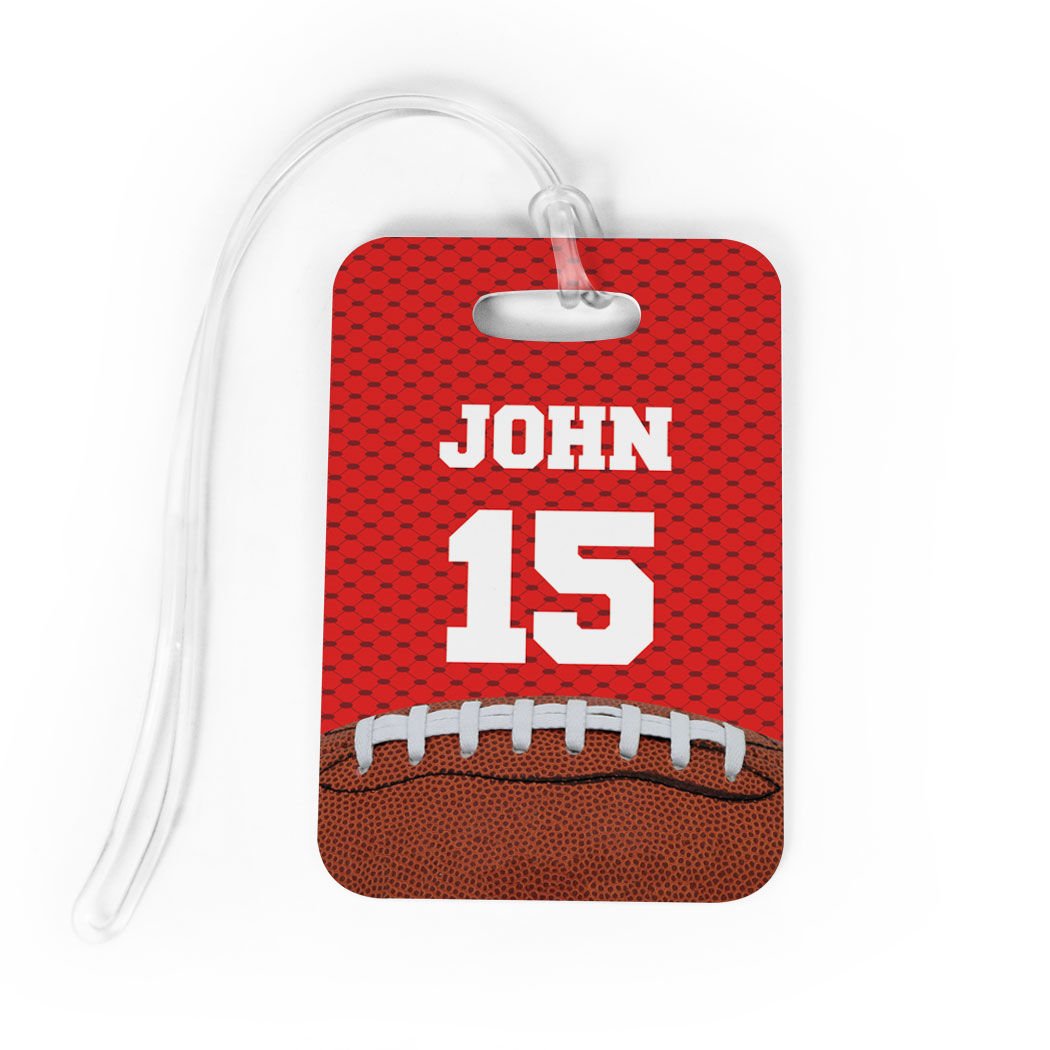 Personalized Football Luggage Tag with Name & Number - Custom Sports Bag Tag for Travel - Assorted Colors - Perfect for Football Fans, Team Travel & Game Day Accessories