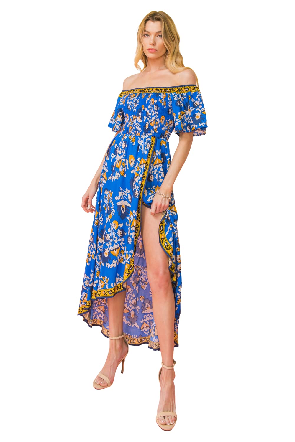 Bohemian Off Shoulder Maxi Dress - Floral Print Smocked Summer Dress with High Low Hem | Perfect for Beach Vacations, Music Festivals, and Boho Chic Outfits