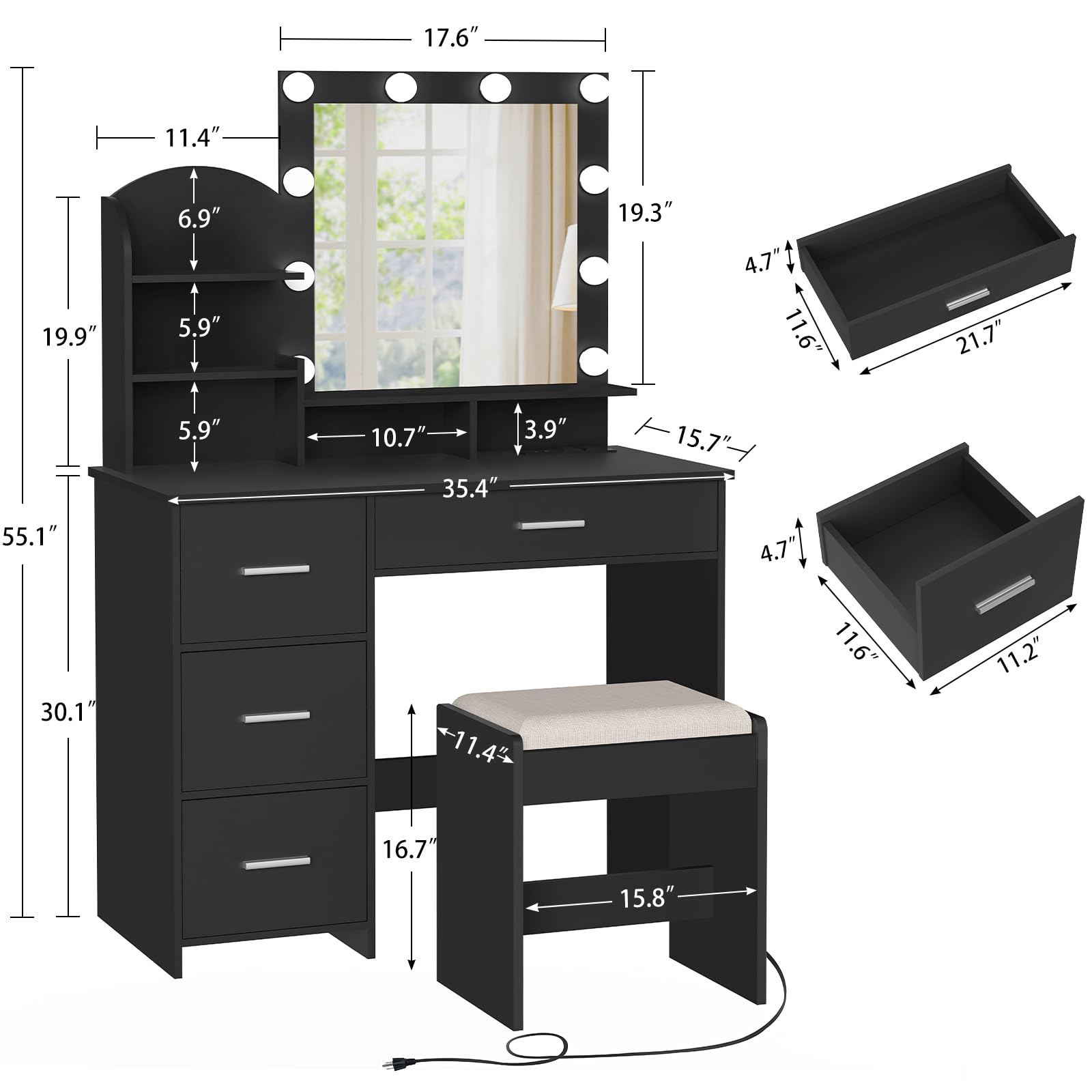 Quimoo Vanity Desk with Mirror & 10 LED Lights - Makeup Vanity Set with Charging Station, 4 Drawers & Shelves - Vanity Table with Cushioned Stool for Bedroom, Black - Perfect for Makeup Application, Skincare Routine & Home Decor