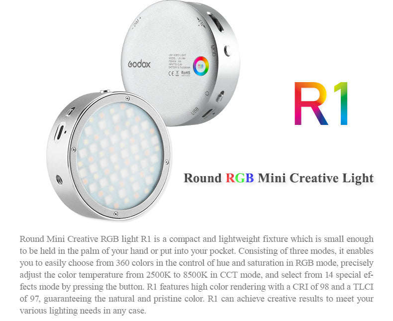 Godox R1 RGB Round LED Photography Light - Portable Continuous Lighting for YouTube, Vlogging, Studio & Product Photography
