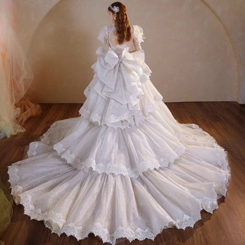 Elegant O-Neck Long Sleeve Wedding Gown with Tiered Bow & Sequins - Perfect for Bridal Ceremonies, Vow Renewals, and Formal Events