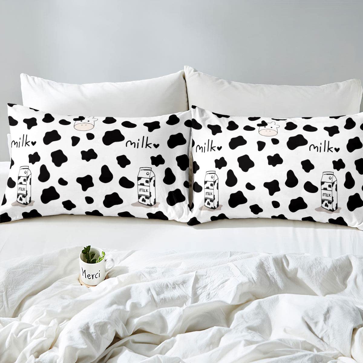 Feelyou Twin Size Kids Duvet Cover Set - Cute Cow Milk Cartoon Animal Design, Soft Microfiber Polyester Bedding for Boys & Girls (2-Piece Set with Pillow Sham, Zipper Closure, Black & White) | Perfect for Nursery, Kids Room & Sleepovers